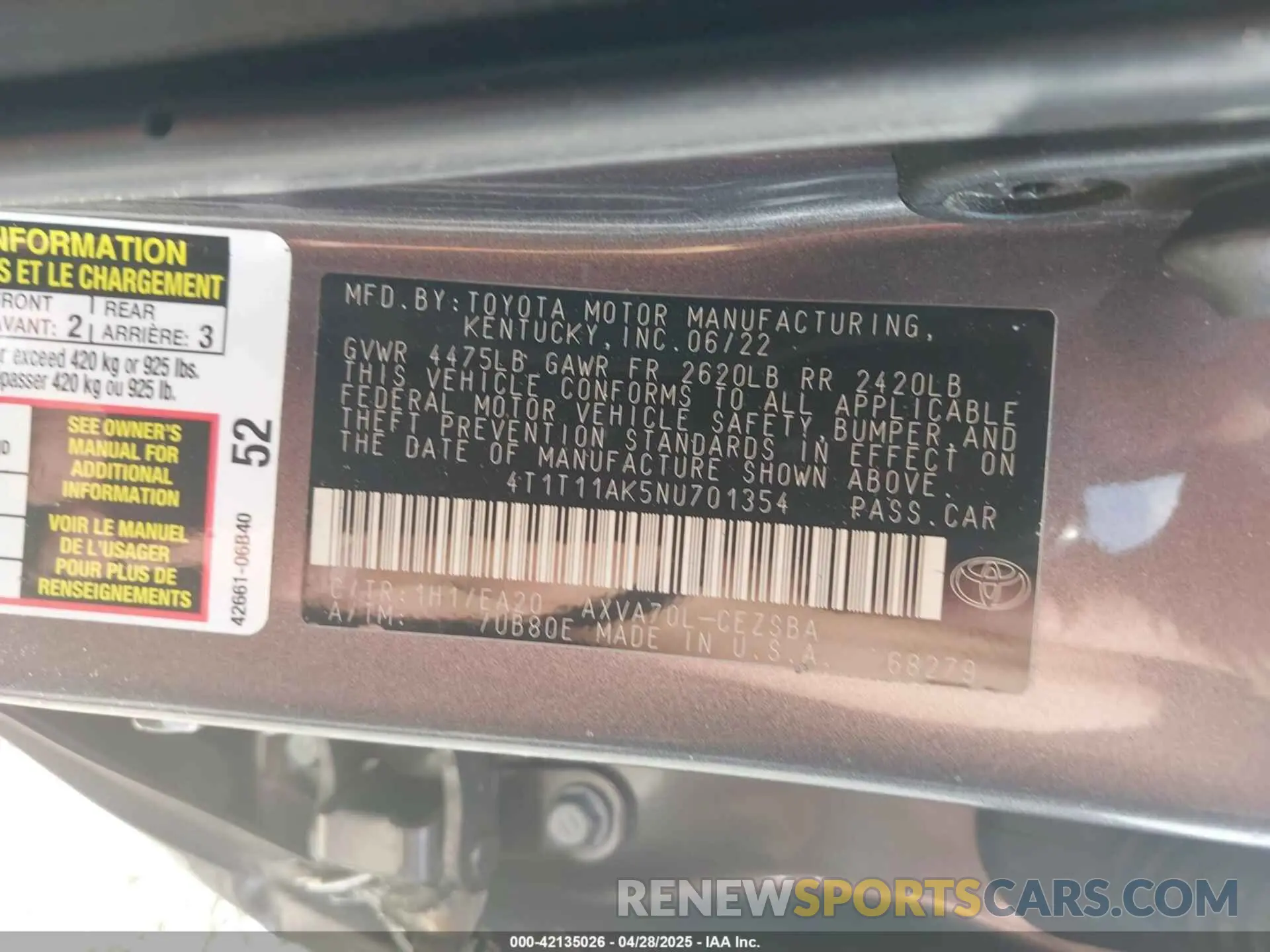 9 Photograph of a damaged car 4T1T11AK5NU701354 TOYOTA CAMRY 2022