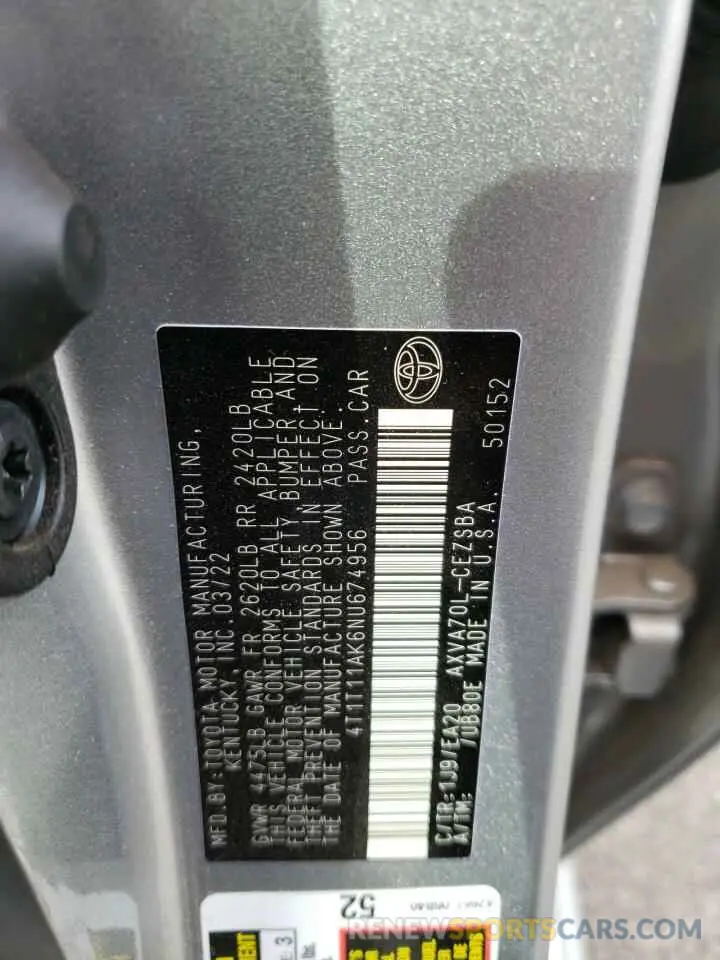 10 Фотография поврежденного автомобиля 4T1T11AK6NU674956 TOYOTA CAMRY 2022