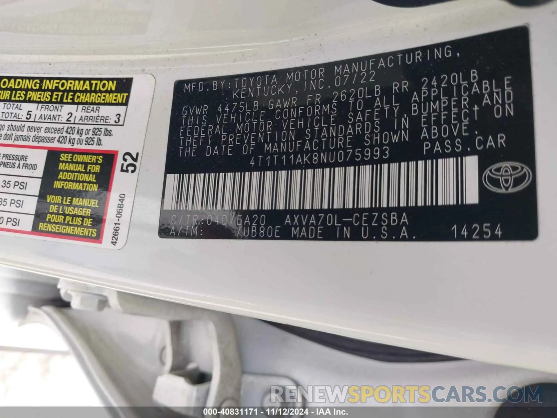 9 Photograph of a damaged car 4T1T11AK8NU075993 TOYOTA CAMRY 2022