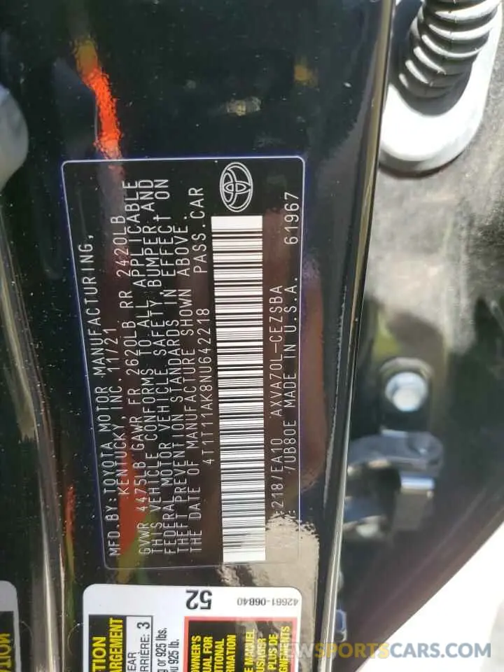 10 Фотография поврежденного автомобиля 4T1T11AK8NU642218 TOYOTA CAMRY 2022