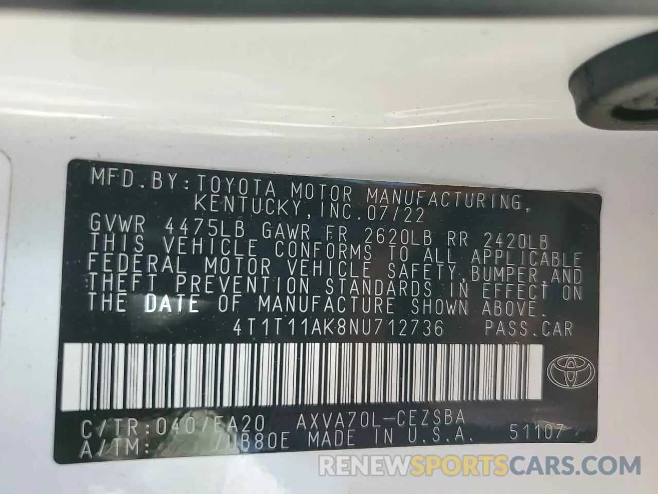 13 Фотография поврежденного автомобиля 4T1T11AK8NU712736 TOYOTA CAMRY 2022