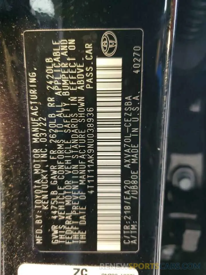 13 Фотография поврежденного автомобиля 4T1T11AK9NU038936 TOYOTA CAMRY 2022