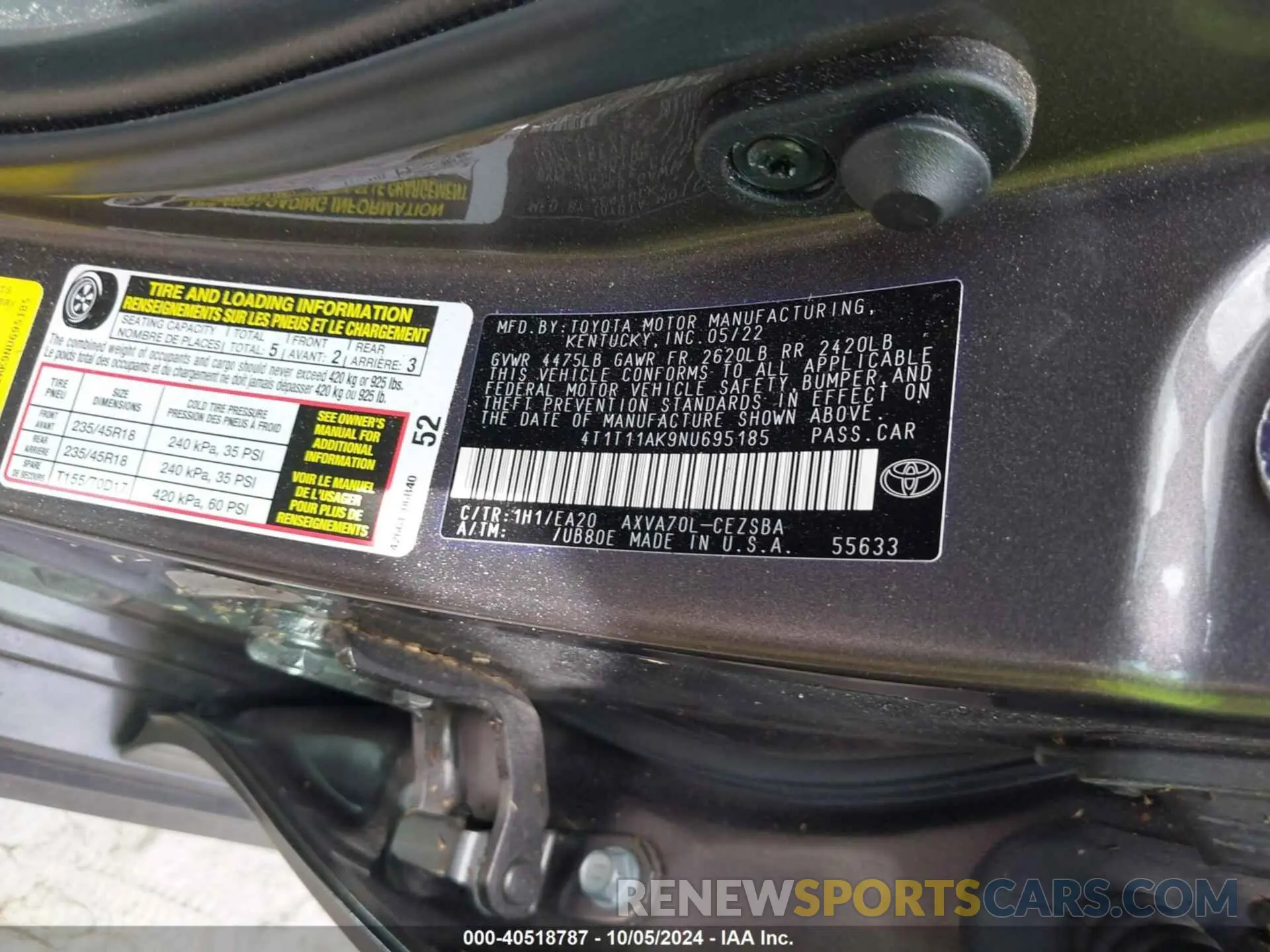 9 Фотография поврежденного автомобиля 4T1T11AK9NU695185 TOYOTA CAMRY 2022