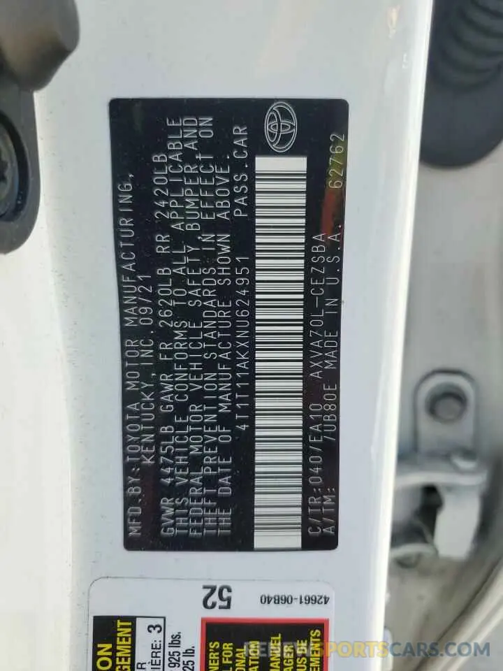 12 Photograph of a damaged car 4T1T11AKXNU624951 TOYOTA CAMRY 2022