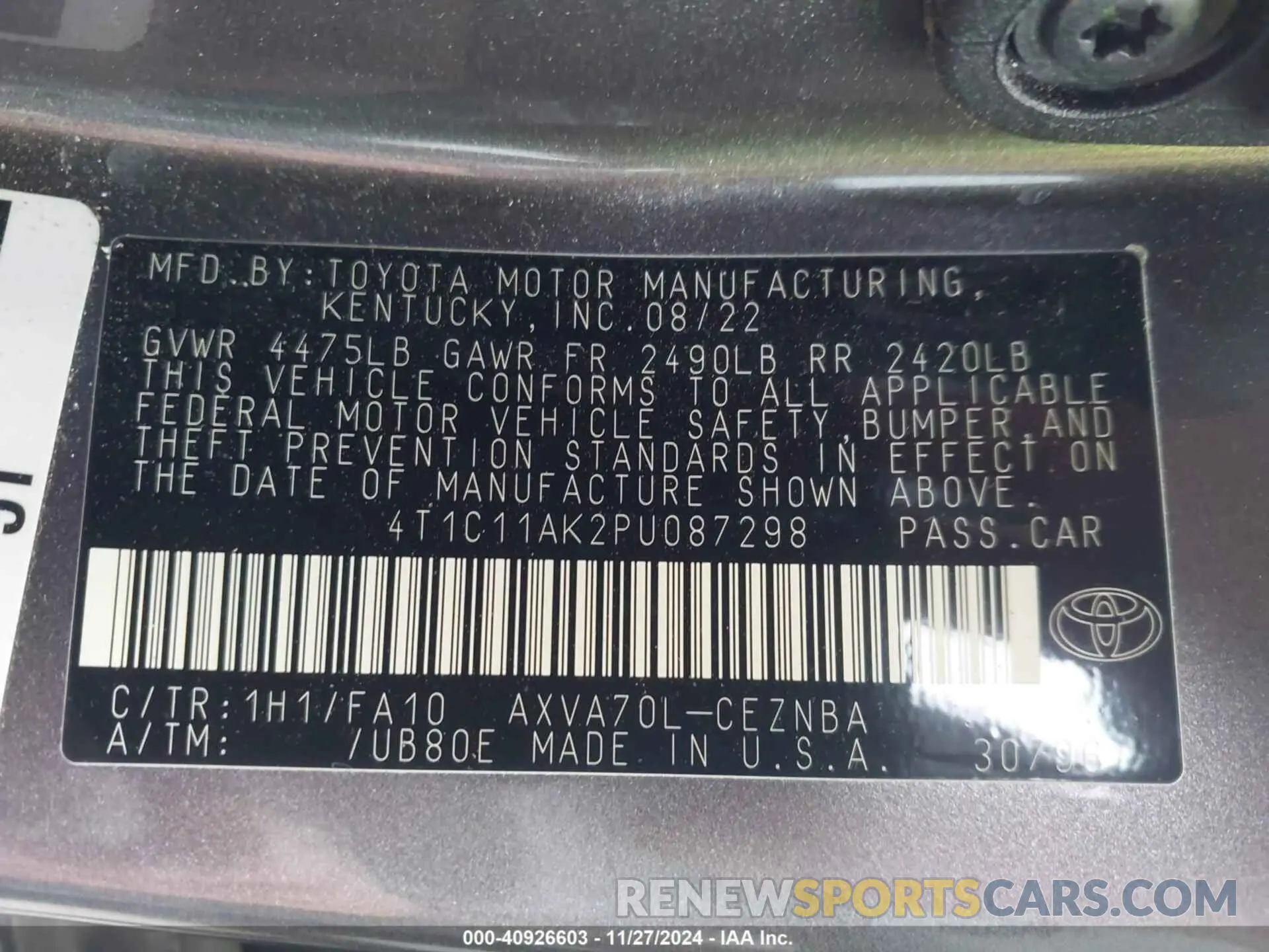 9 Фотография поврежденного автомобиля 4T1C11AK2PU087298 TOYOTA CAMRY 2023