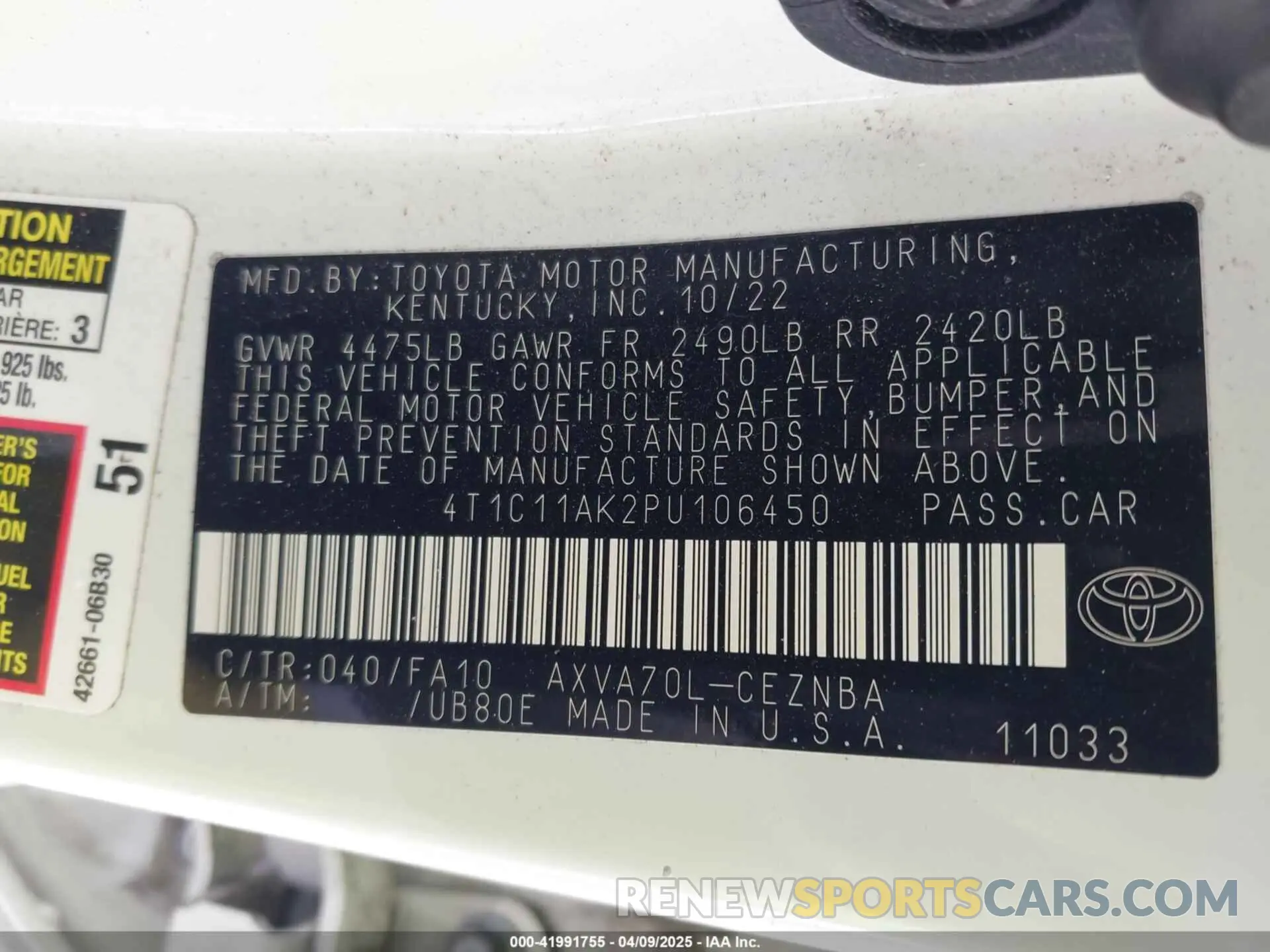 9 Фотография поврежденного автомобиля 4T1C11AK2PU106450 TOYOTA CAMRY 2023