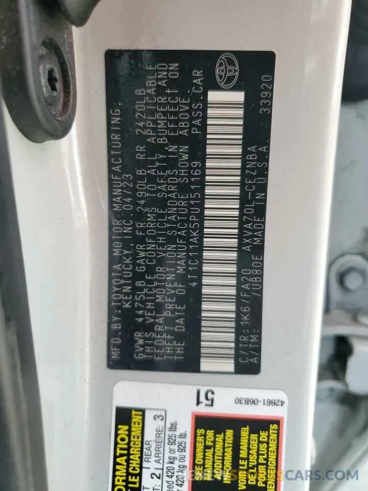 13 Фотография поврежденного автомобиля 4T1C11AK5PU151169 TOYOTA CAMRY 2023
