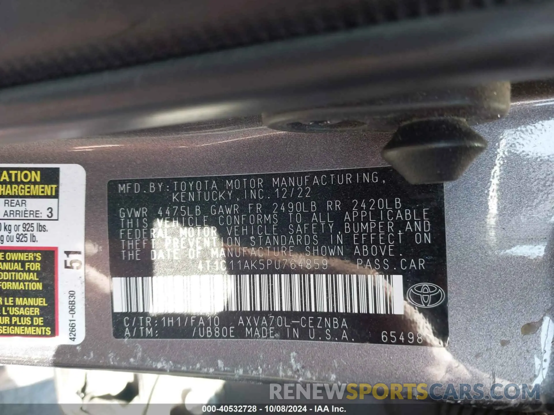 9 Фотография поврежденного автомобиля 4T1C11AK5PU764859 TOYOTA CAMRY 2023