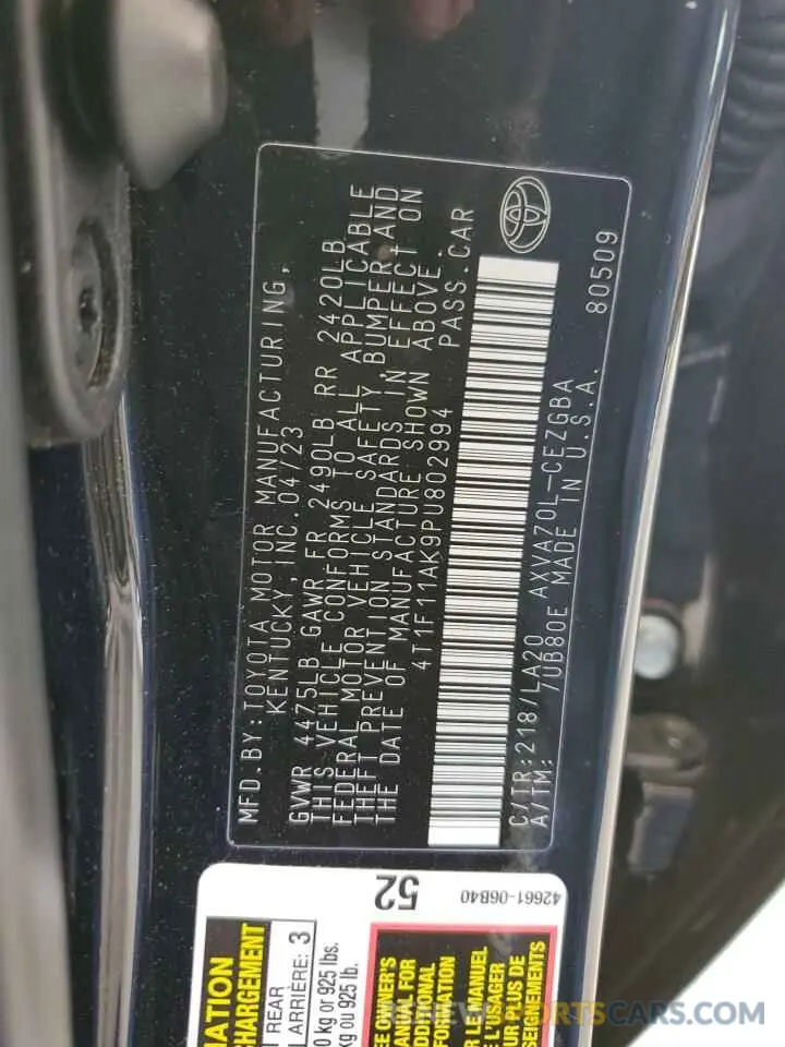 12 Фотография поврежденного автомобиля 4T1F11AK9PU802994 TOYOTA CAMRY 2023