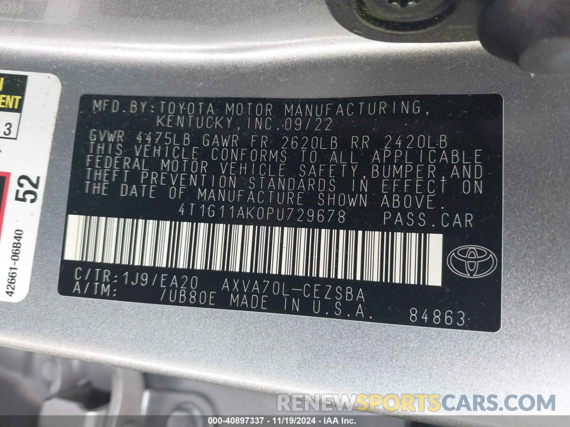 9 Photograph of a damaged car 4T1G11AK0PU729678 TOYOTA CAMRY 2023