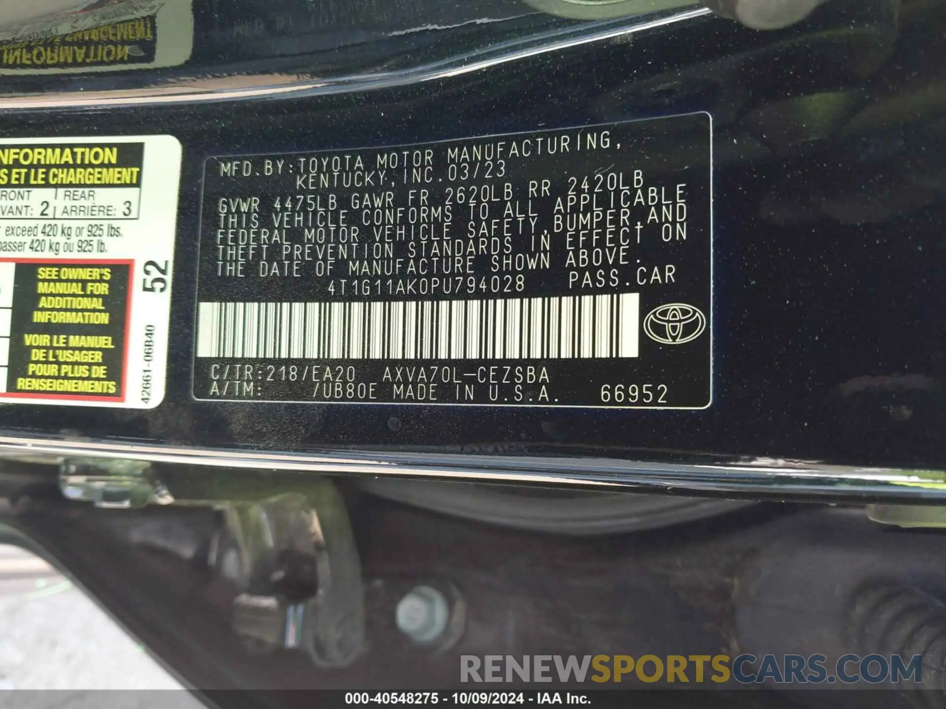 9 Фотография поврежденного автомобиля 4T1G11AK0PU794028 TOYOTA CAMRY 2023
