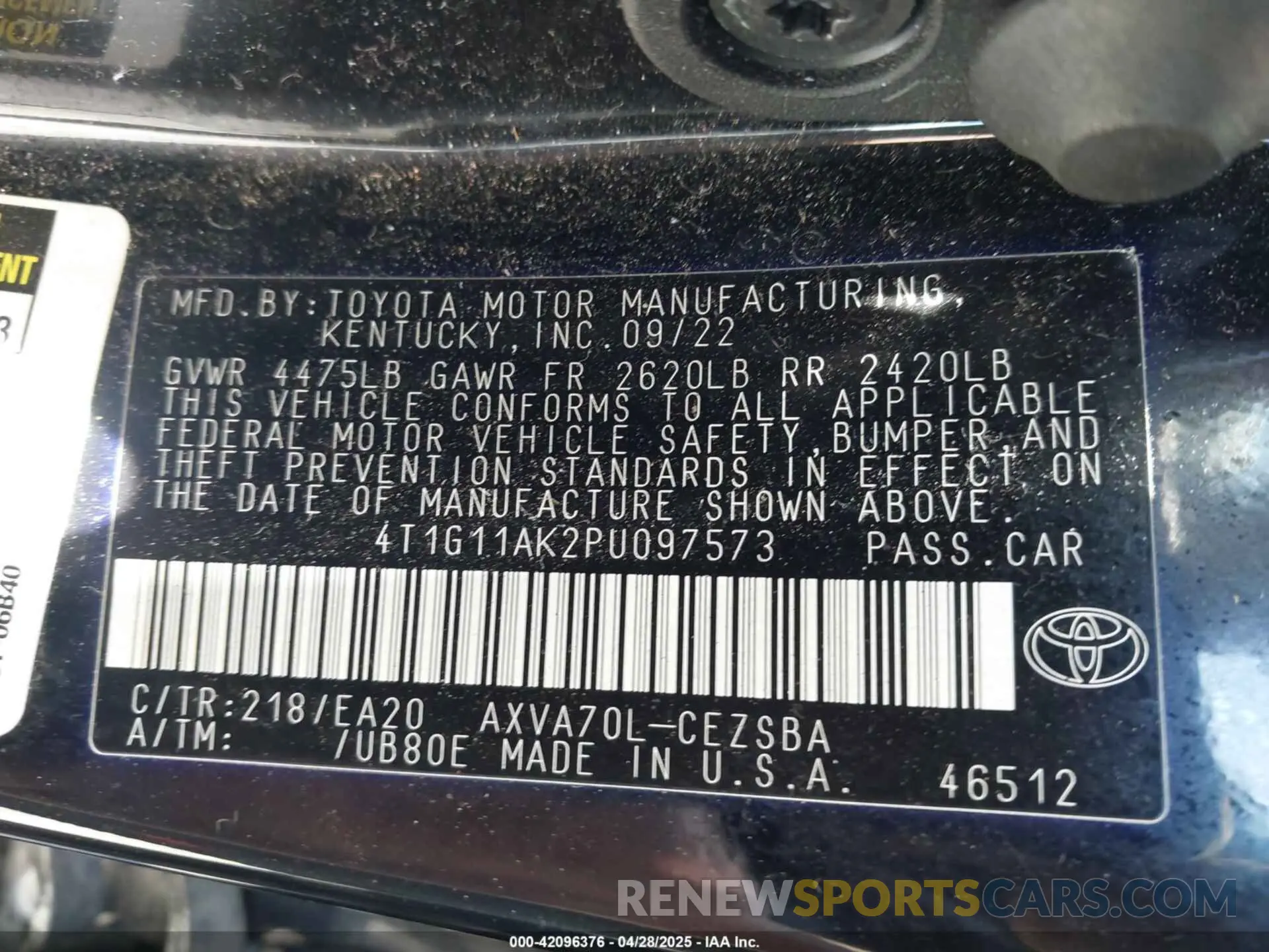 9 Photograph of a damaged car 4T1G11AK2PU097573 TOYOTA CAMRY 2023