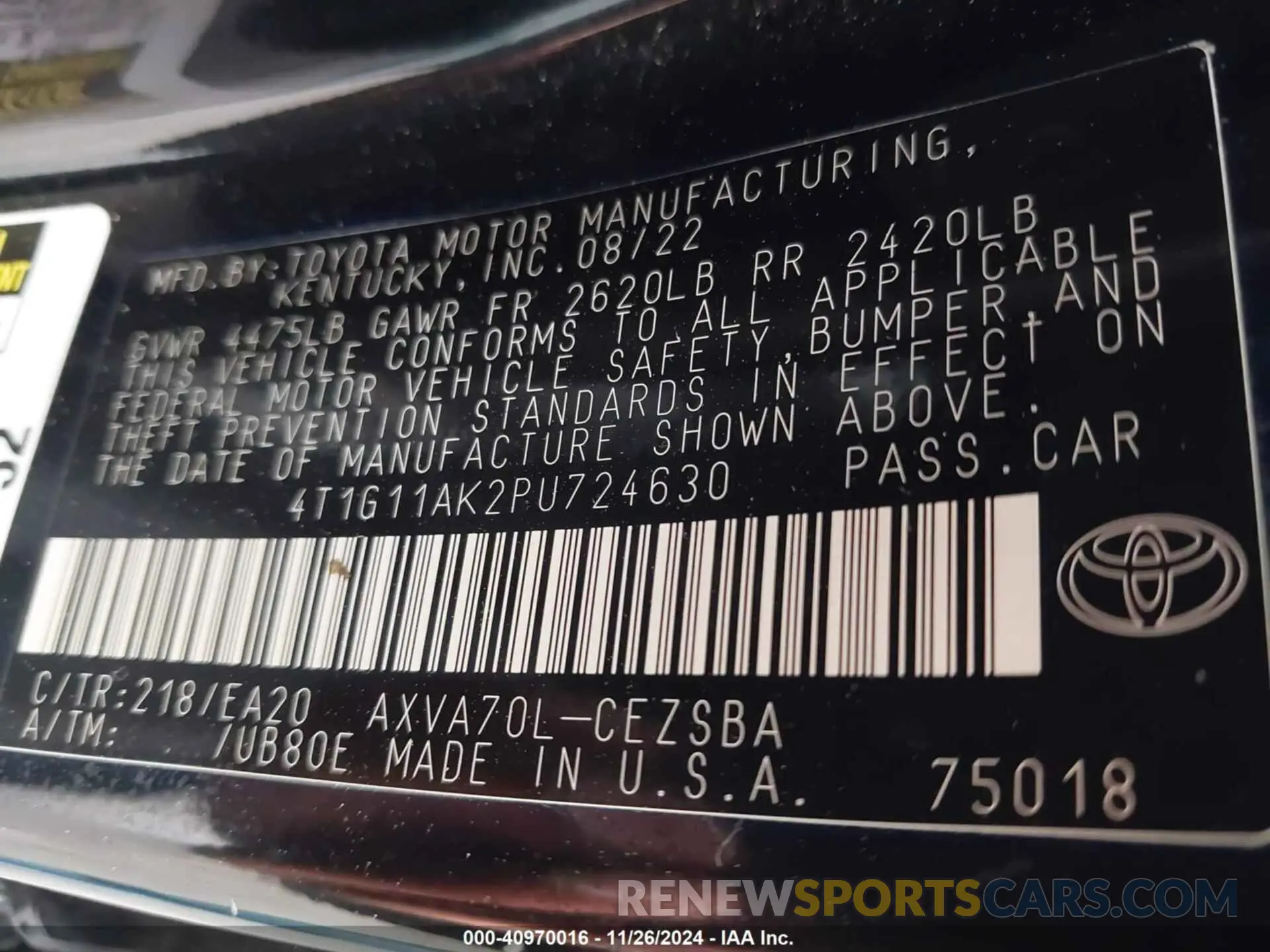 9 Фотография поврежденного автомобиля 4T1G11AK2PU724630 TOYOTA CAMRY 2023