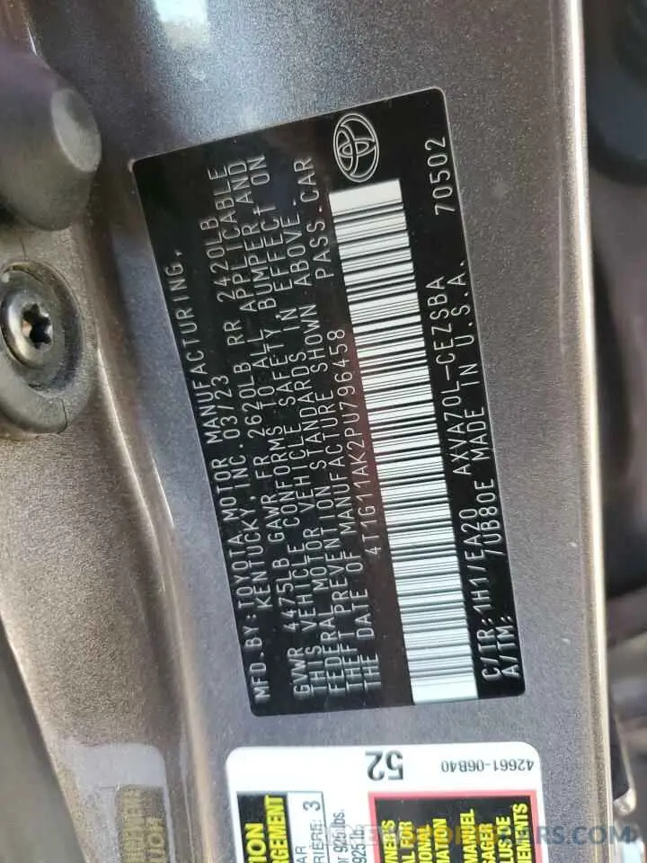 12 Photograph of a damaged car 4T1G11AK2PU796458 TOYOTA CAMRY 2023
