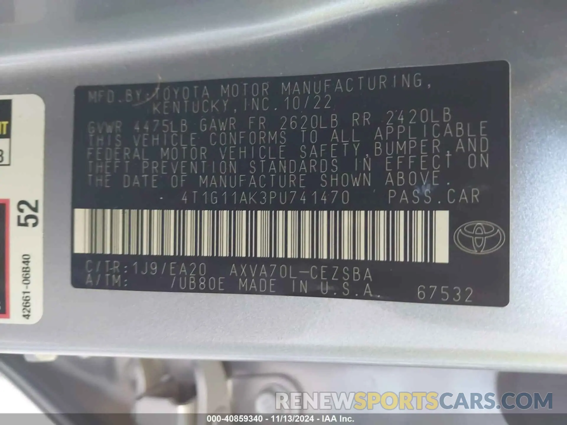 9 Photograph of a damaged car 4T1G11AK3PU741470 TOYOTA CAMRY 2023