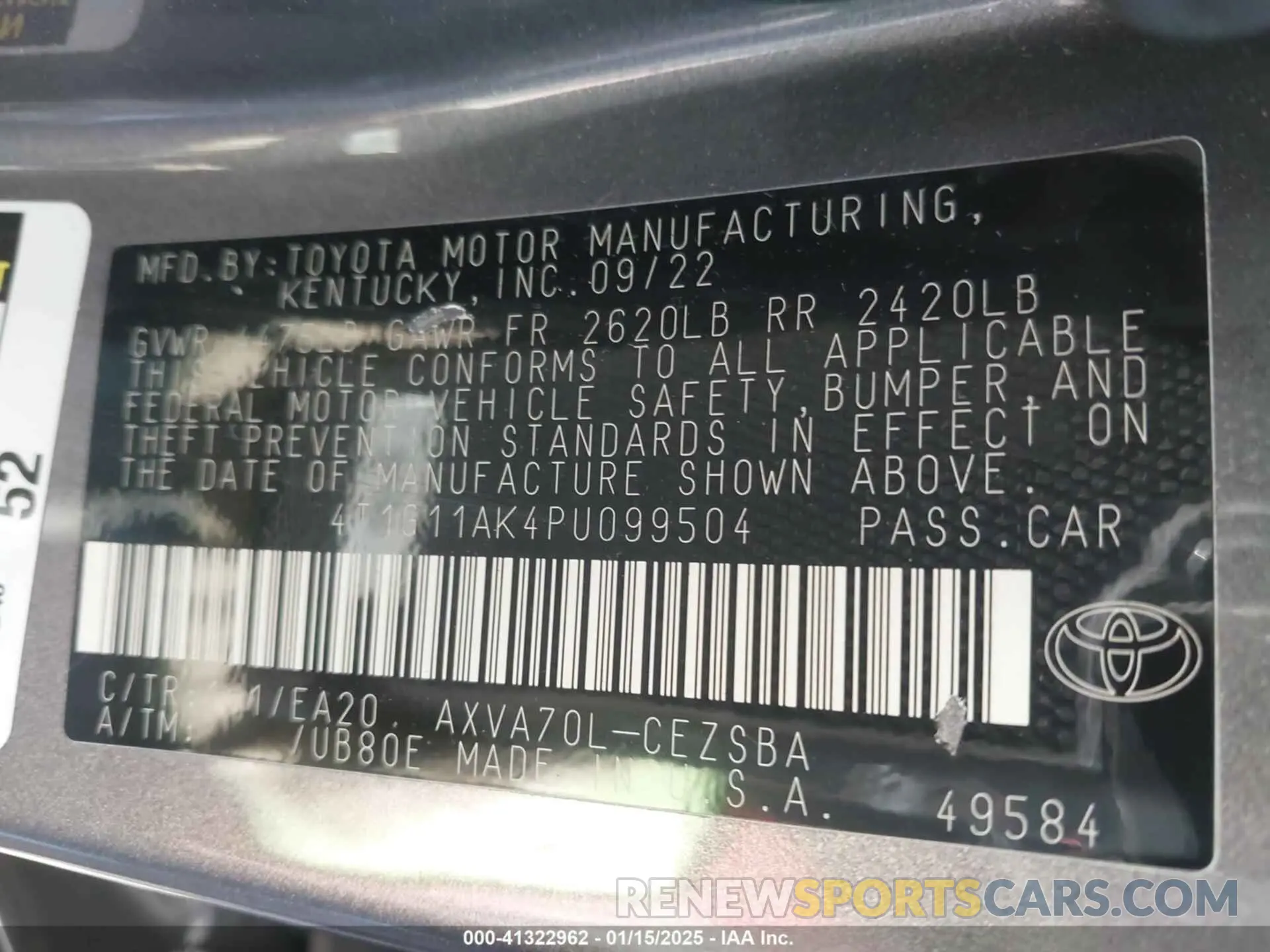 9 Photograph of a damaged car 4T1G11AK4PU099504 TOYOTA CAMRY 2023