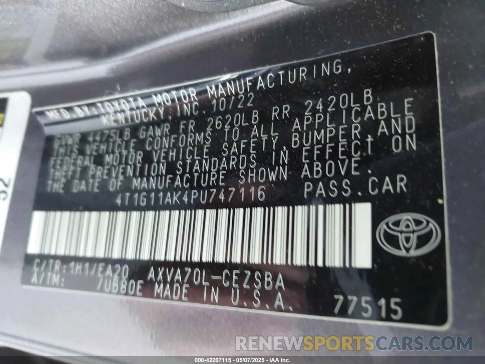 9 Фотография поврежденного автомобиля 4T1G11AK4PU747116 TOYOTA CAMRY 2023