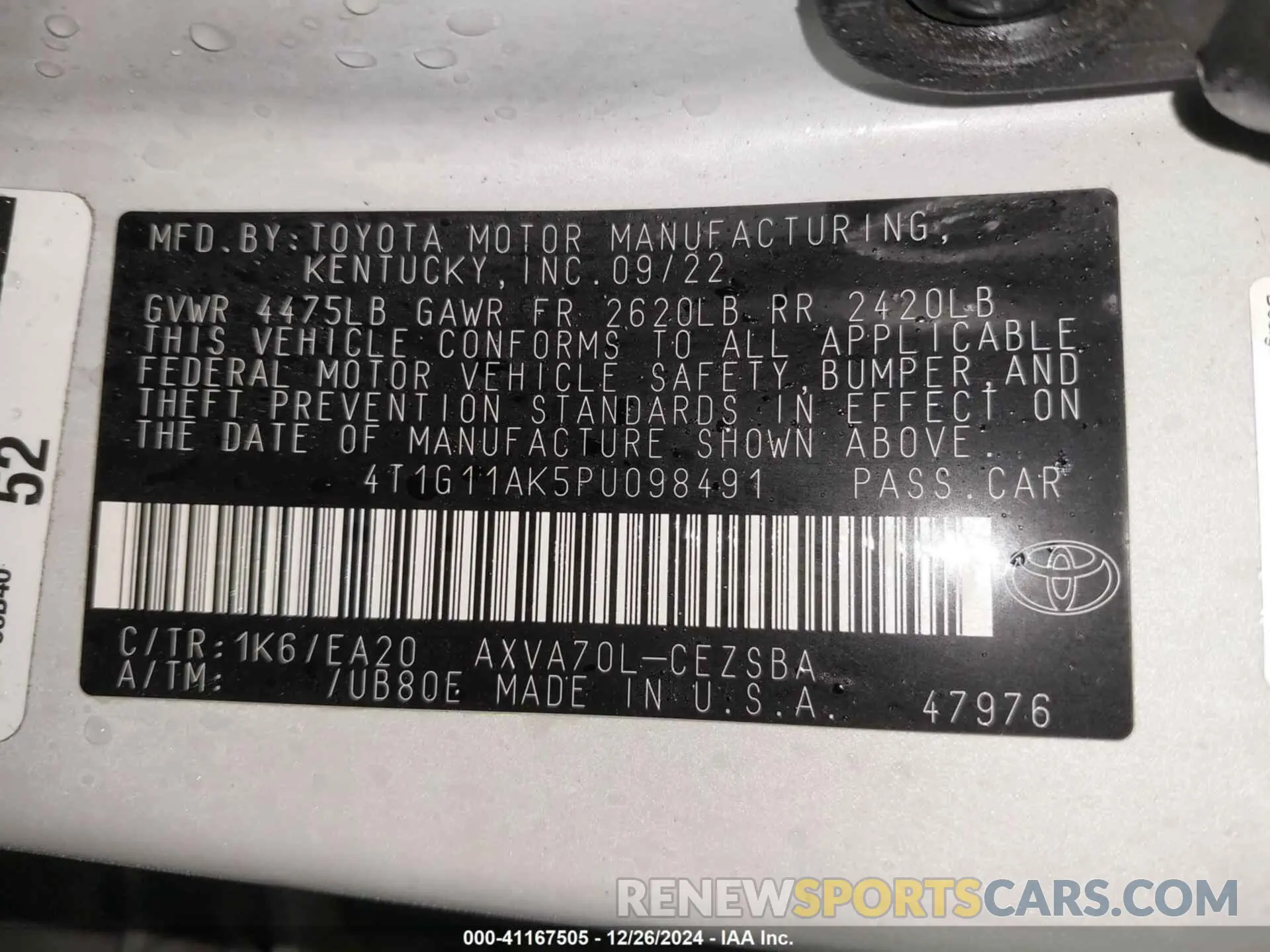9 Photograph of a damaged car 4T1G11AK5PU098491 TOYOTA CAMRY 2023