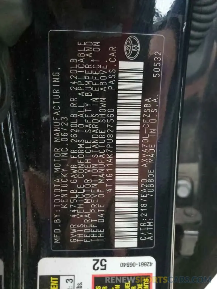 12 Фотография поврежденного автомобиля 4T1G11AK7PU827560 TOYOTA CAMRY 2023