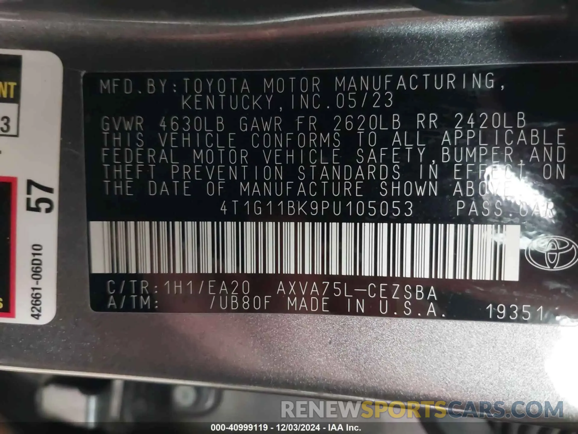 9 Фотография поврежденного автомобиля 4T1G11BK9PU105053 TOYOTA CAMRY 2023