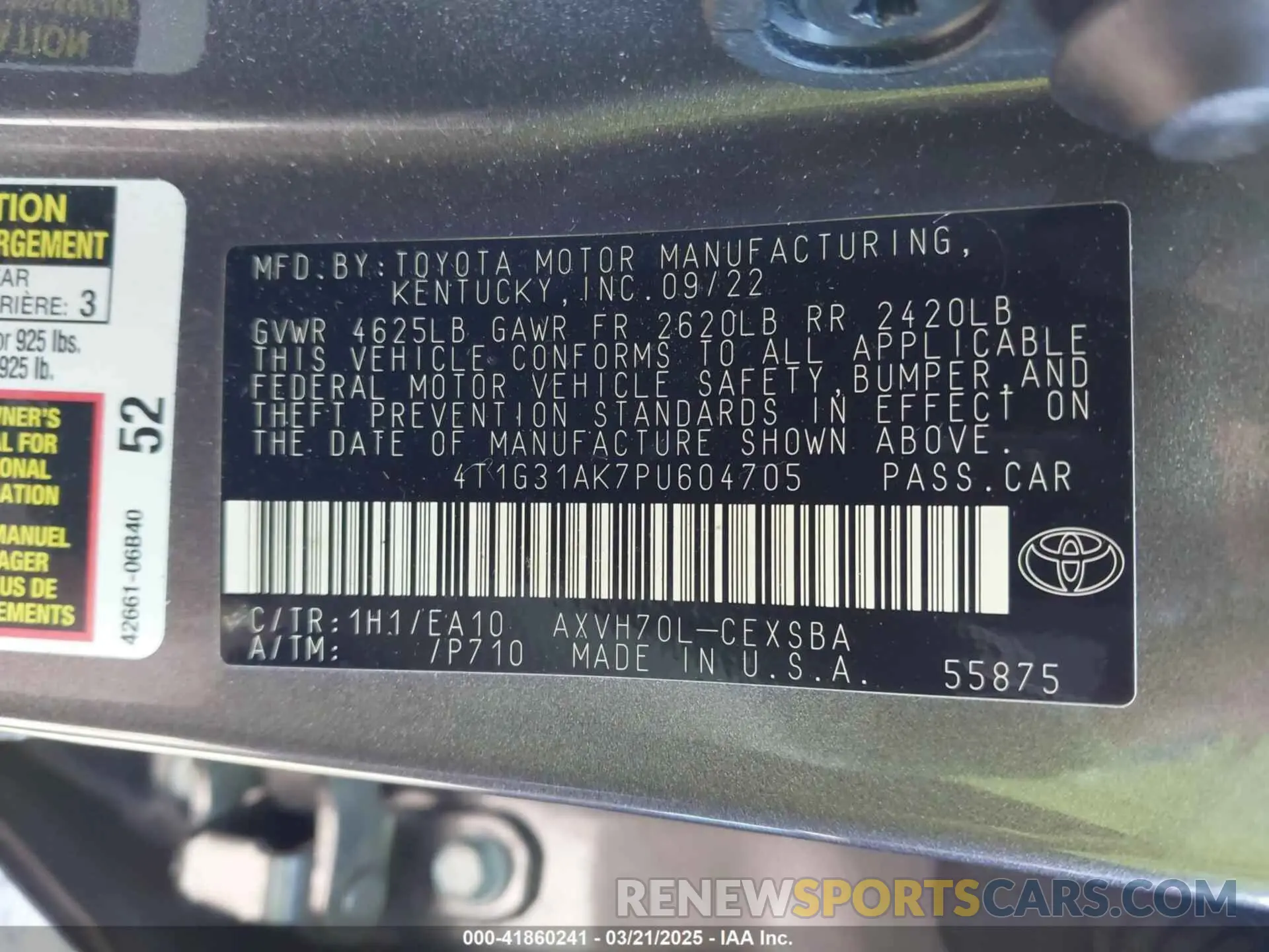 9 Photograph of a damaged car 4T1G31AK7PU604705 TOYOTA CAMRY 2023