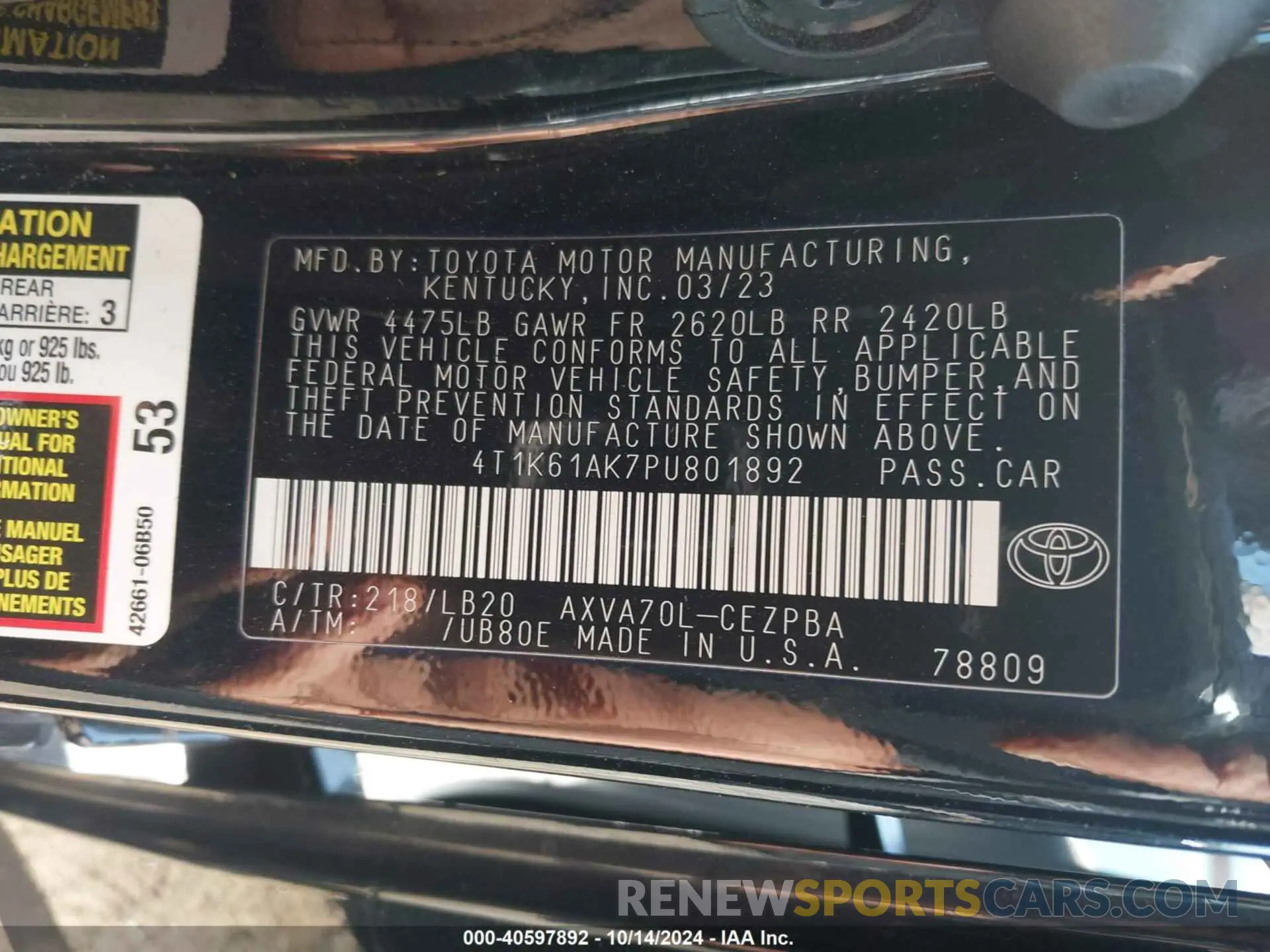 9 Photograph of a damaged car 4T1K61AK7PU801892 TOYOTA CAMRY 2023