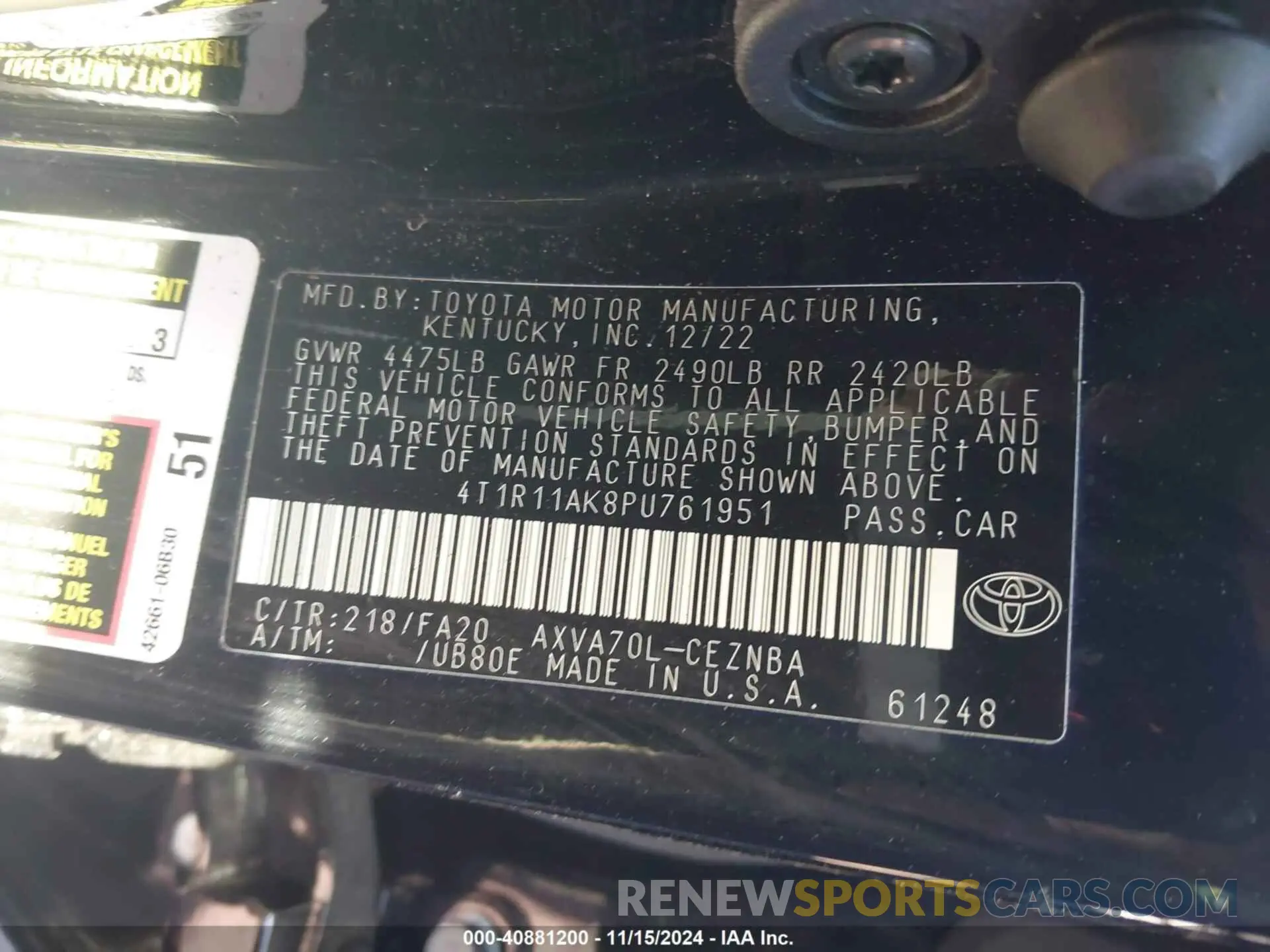 9 Фотография поврежденного автомобиля 4T1R11AK8PU761951 TOYOTA CAMRY 2023