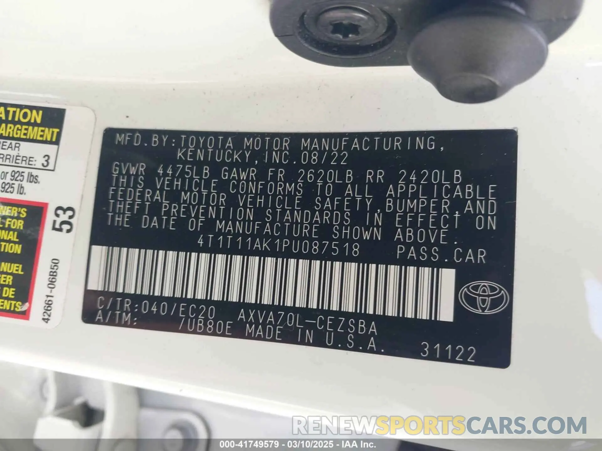 9 Фотография поврежденного автомобиля 4T1T11AK1PU087518 TOYOTA CAMRY 2023