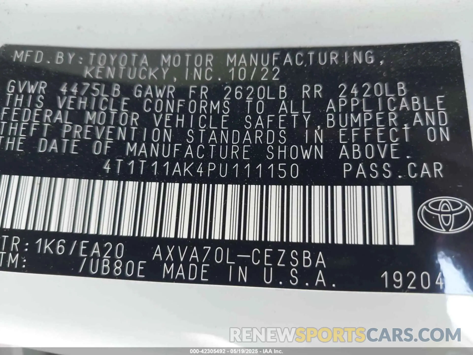 9 Photograph of a damaged car 4T1T11AK4PU111150 TOYOTA CAMRY 2023