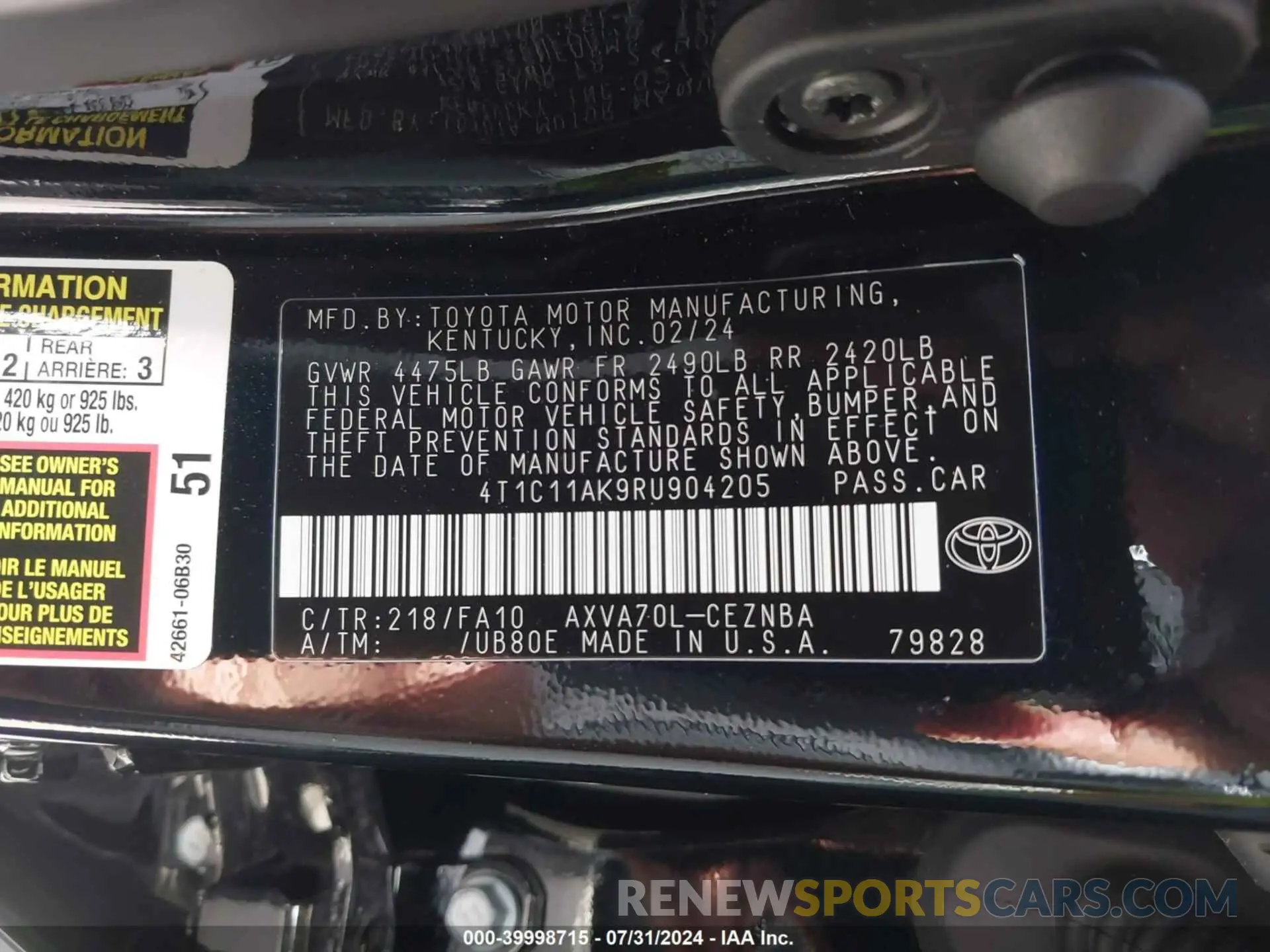 9 Фотография поврежденного автомобиля 4T1C11AK9RU904205 TOYOTA CAMRY 2024