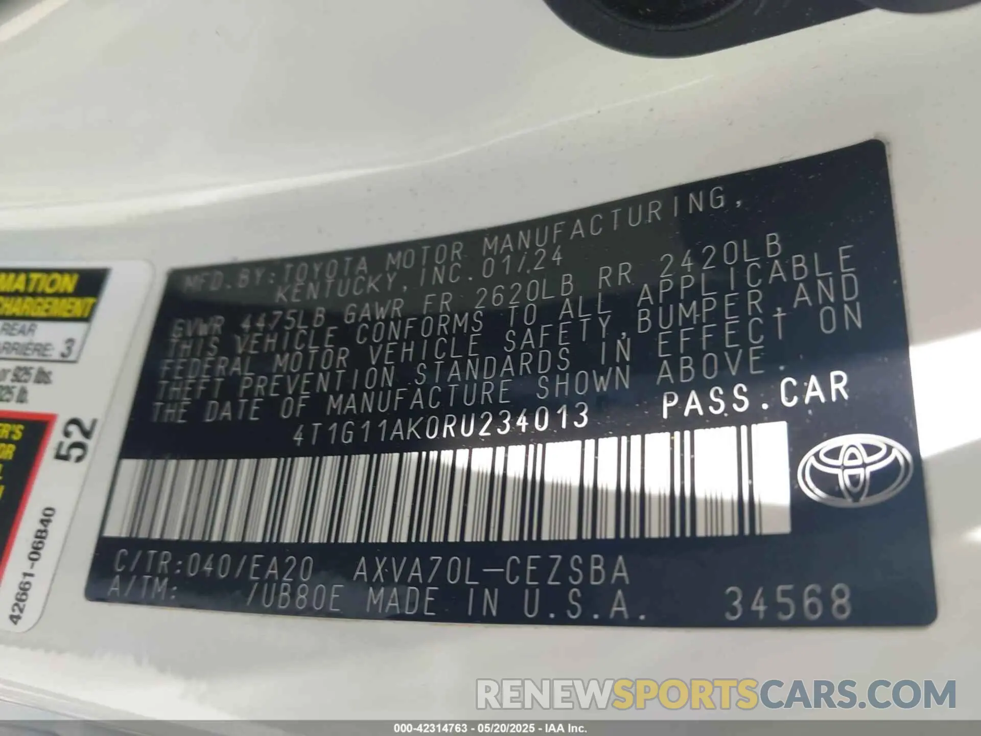 9 Фотография поврежденного автомобиля 4T1G11AK0RU234013 TOYOTA CAMRY 2024