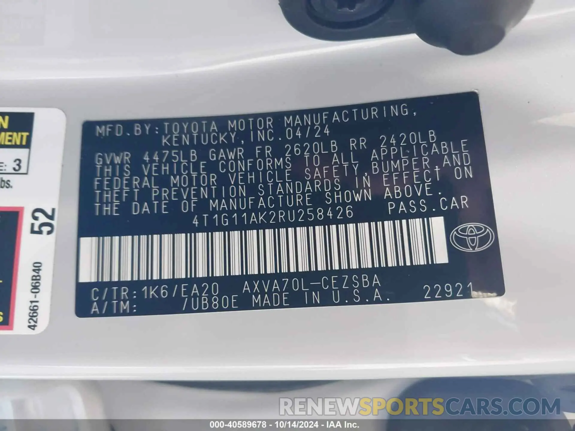 9 Photograph of a damaged car 4T1G11AK2RU258426 TOYOTA CAMRY 2024