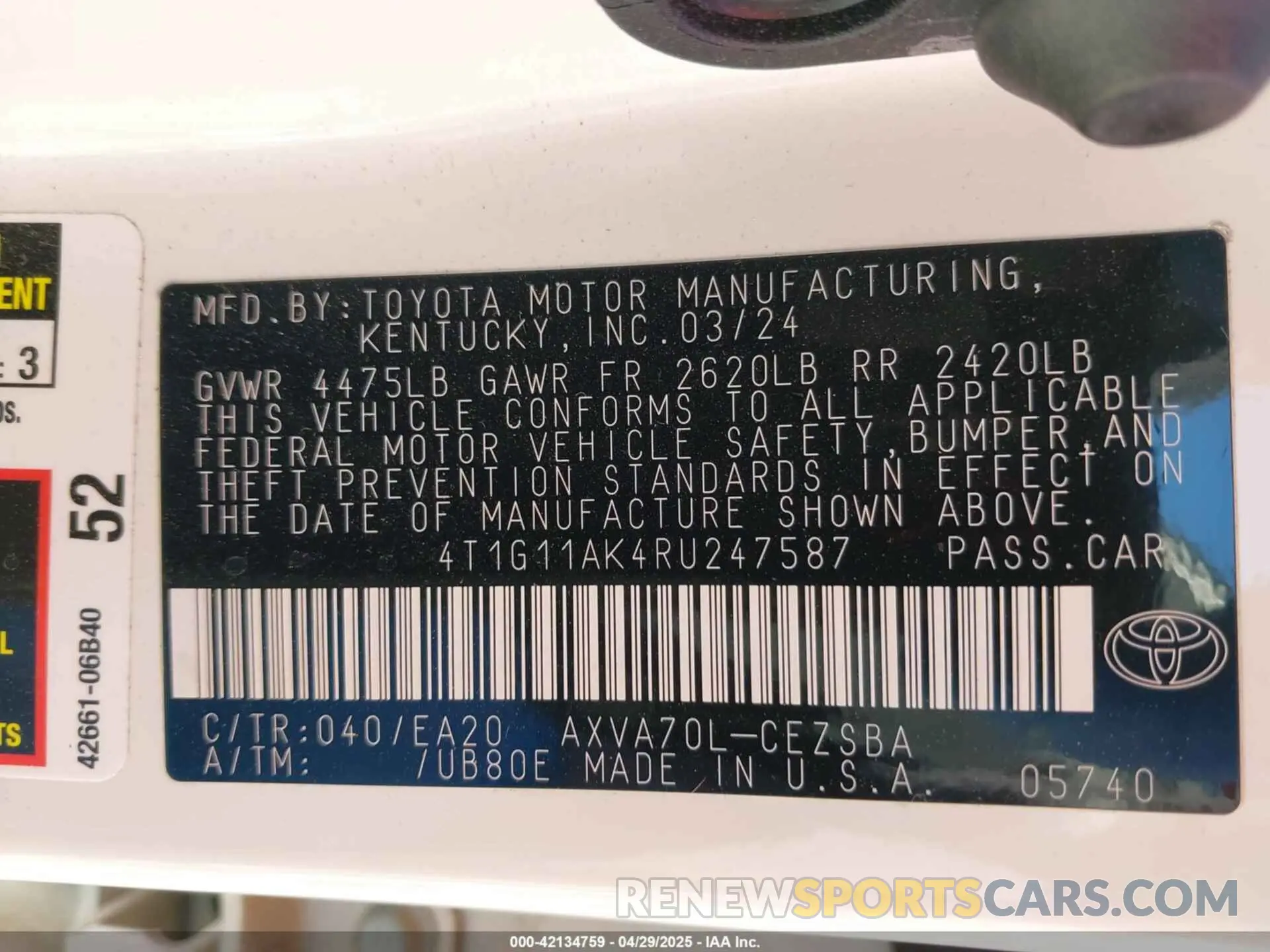 9 Фотография поврежденного автомобиля 4T1G11AK4RU247587 TOYOTA CAMRY 2024