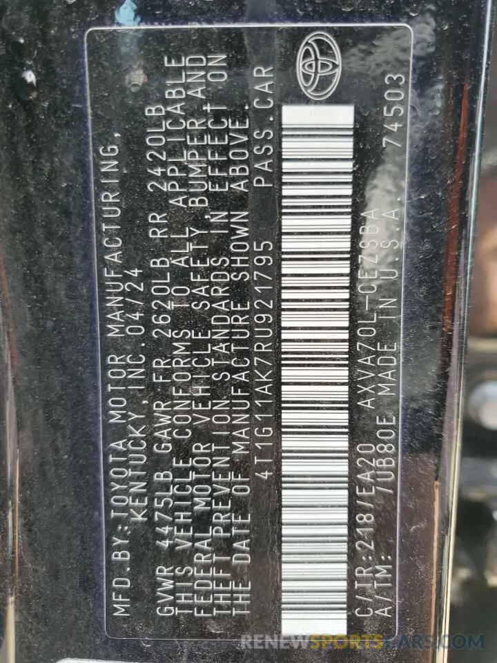12 Фотография поврежденного автомобиля 4T1G11AK7RU921795 TOYOTA CAMRY 2024