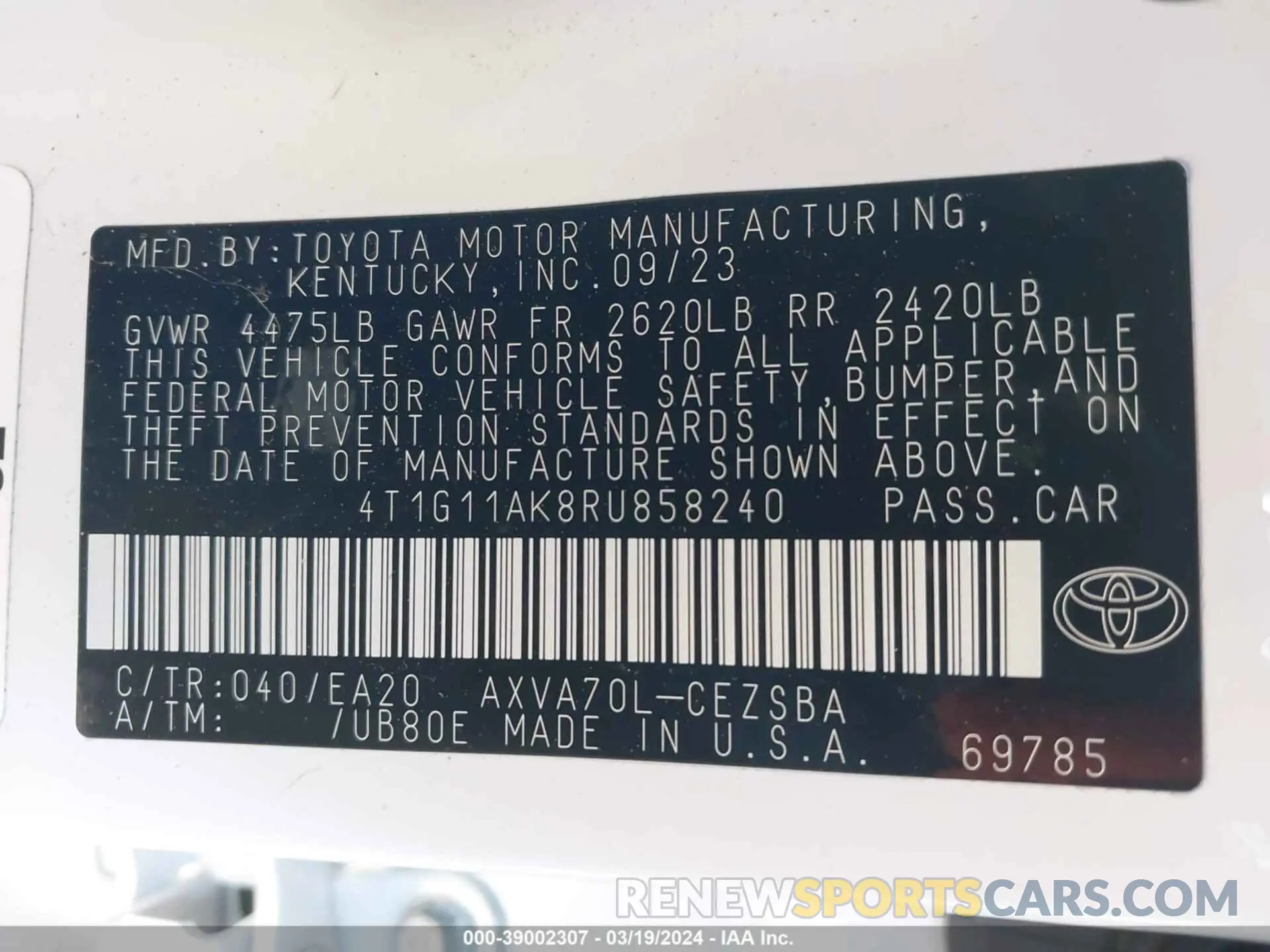 9 Фотография поврежденного автомобиля 4T1G11AK8RU858240 TOYOTA CAMRY 2024