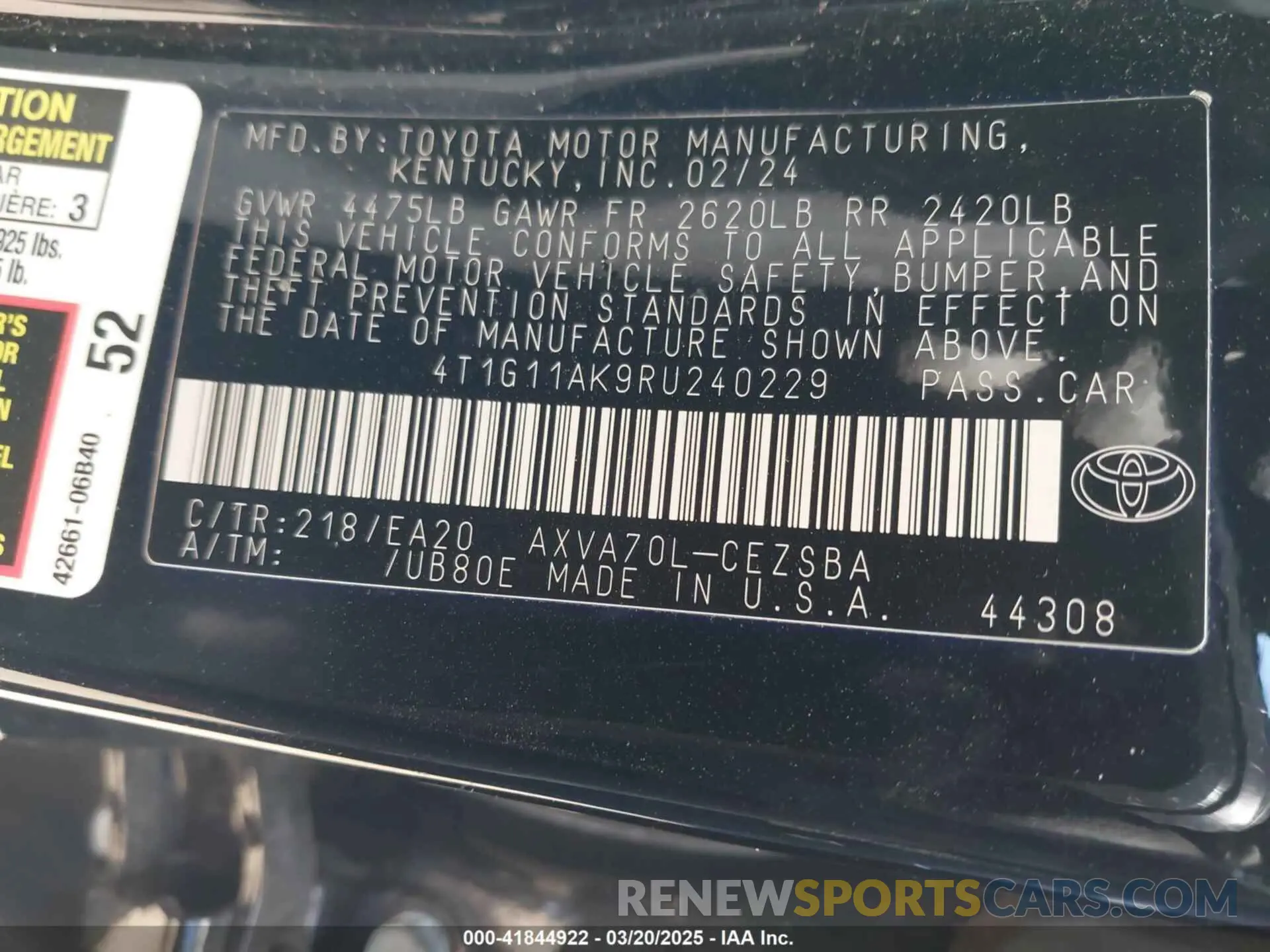 9 Фотография поврежденного автомобиля 4T1G11AK9RU240229 TOYOTA CAMRY 2024