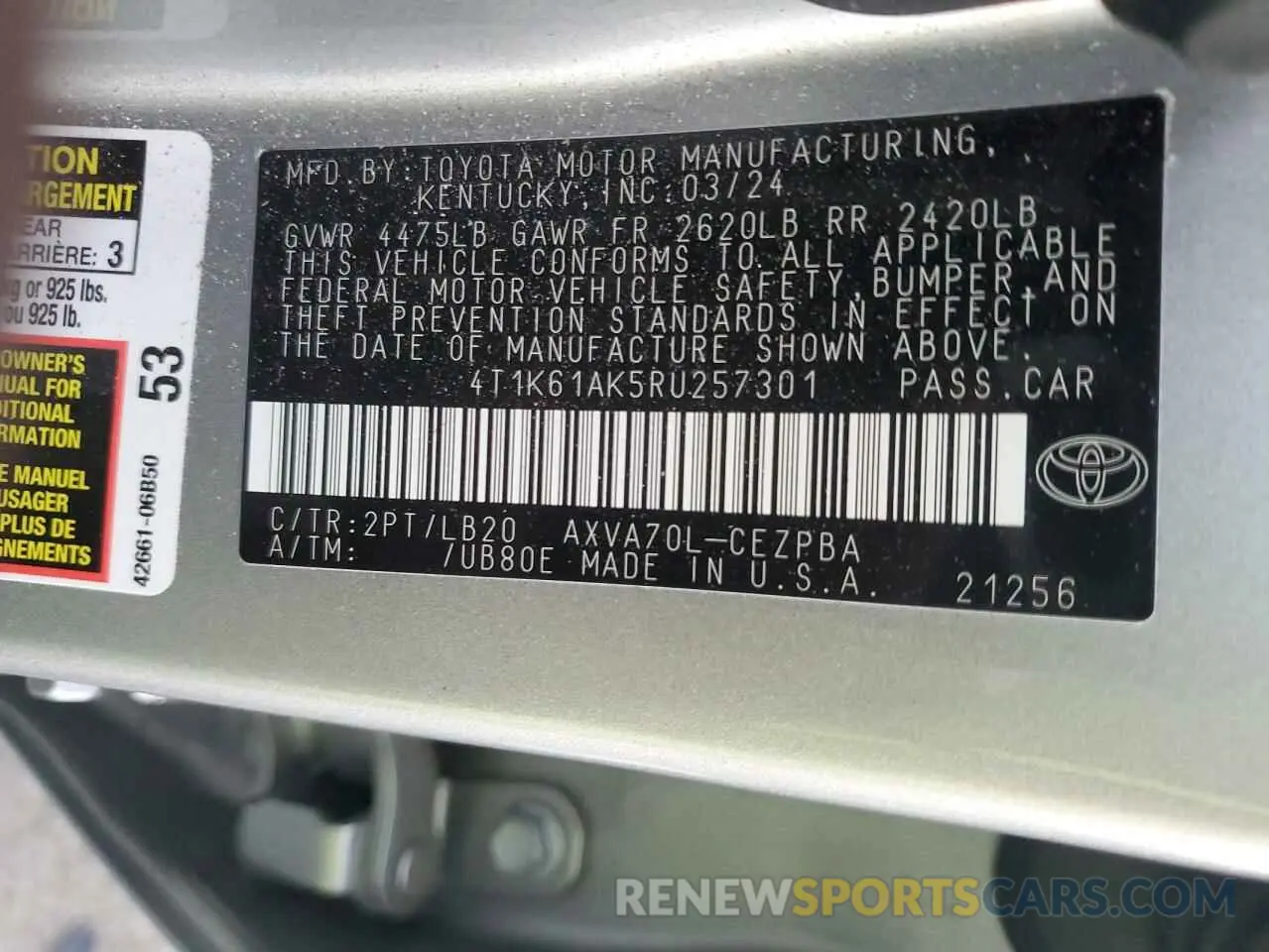13 Фотография поврежденного автомобиля 4T1K61AK5RU257301 TOYOTA CAMRY 2024