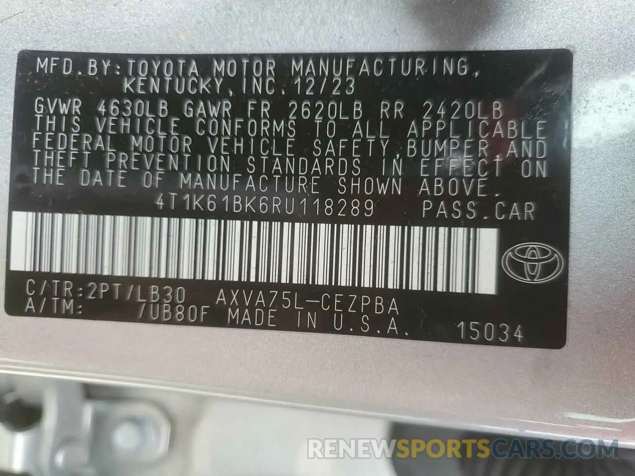 15 Photograph of a damaged car 4T1K61BK6RU118289 TOYOTA CAMRY 2024