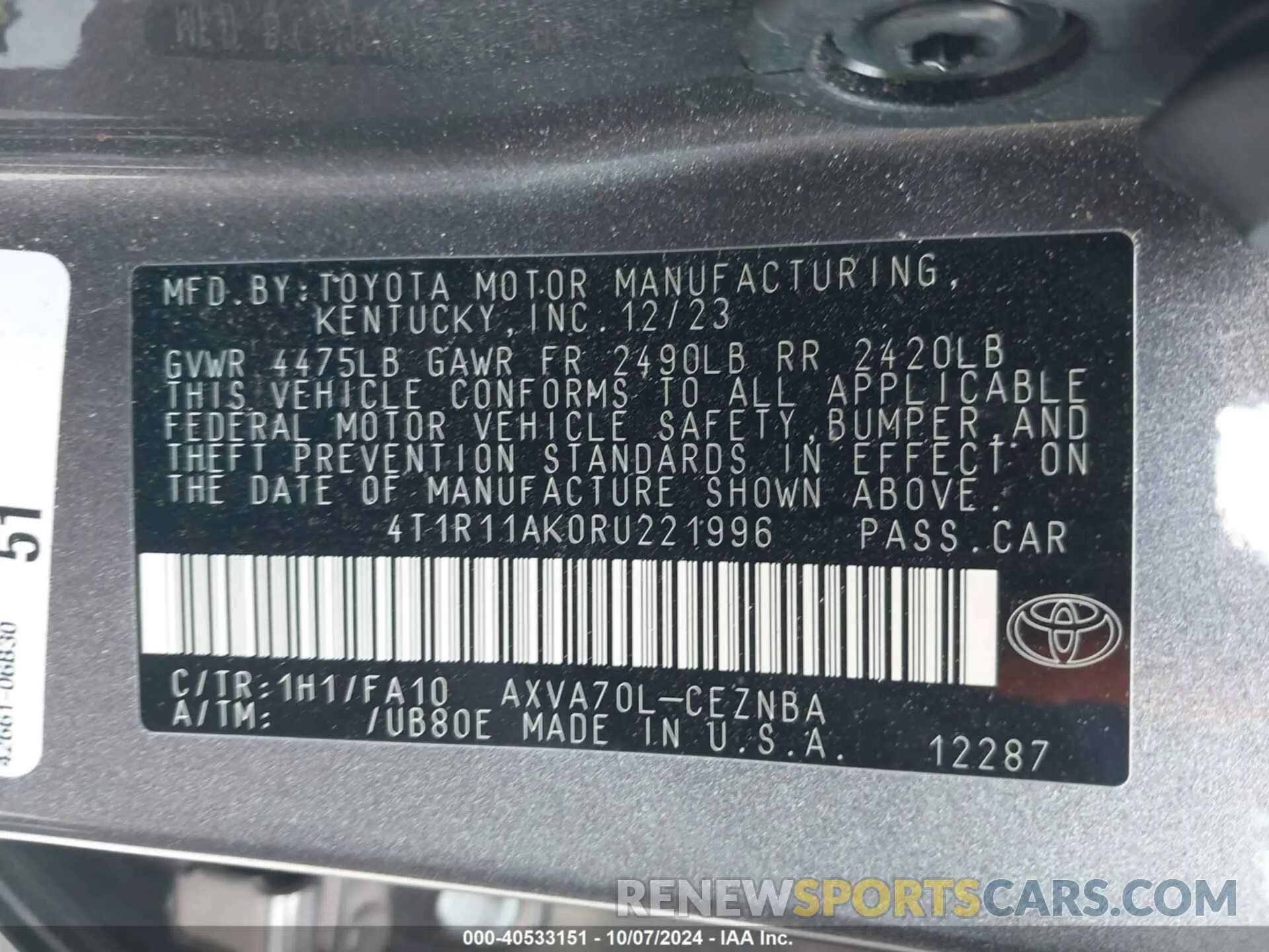 9 Photograph of a damaged car 4T1R11AK0RU221996 TOYOTA CAMRY 2024