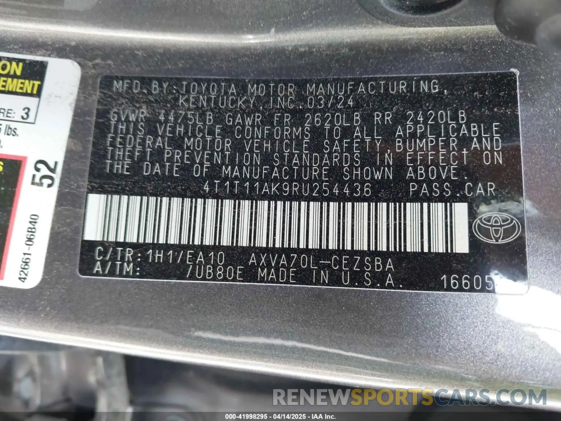 9 Фотография поврежденного автомобиля 4T1T11AK9RU254436 TOYOTA CAMRY 2024