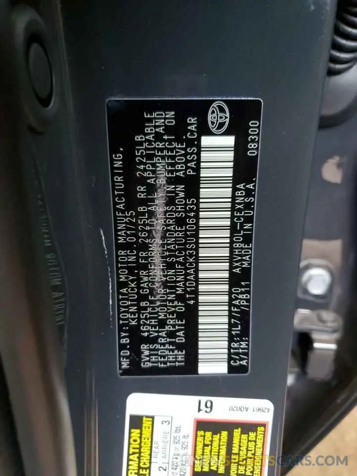 13 Фотография поврежденного автомобиля 4T1DAACK3SU106435 TOYOTA CAMRY 2025