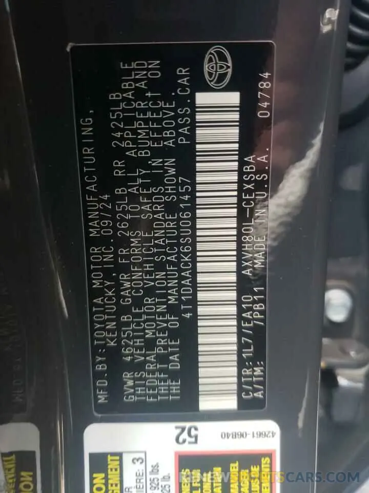 13 Фотография поврежденного автомобиля 4T1DAACK6SU061457 TOYOTA CAMRY 2025