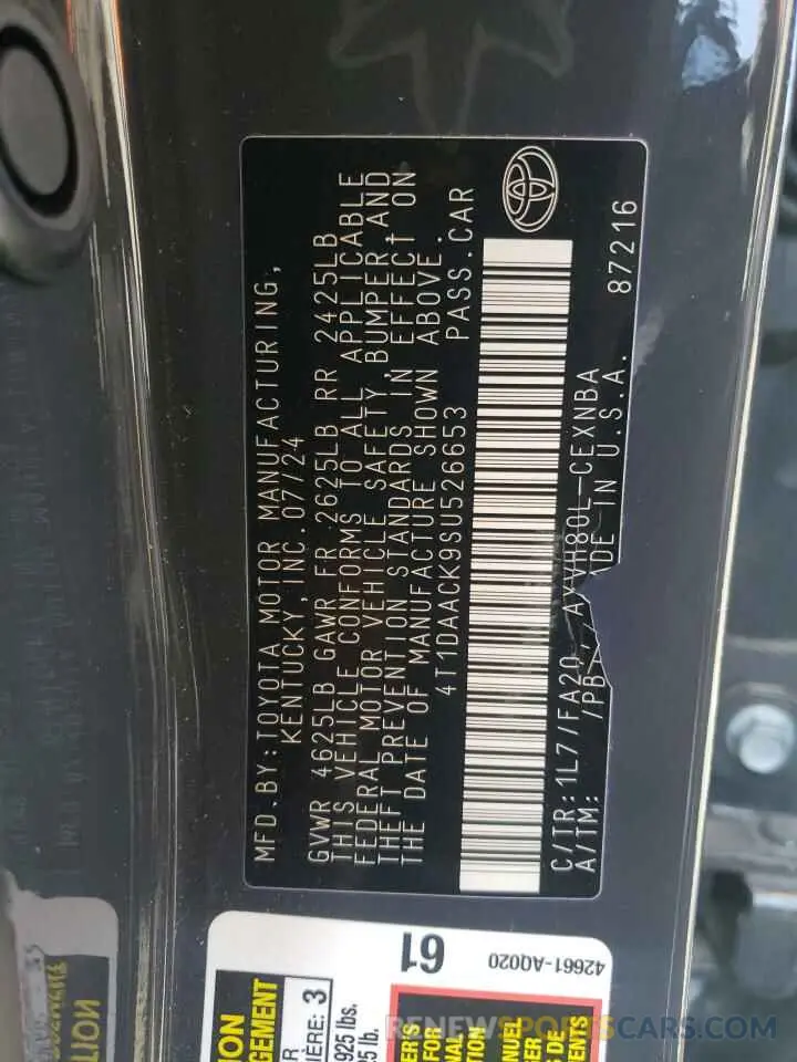 12 Фотография поврежденного автомобиля 4T1DAACK9SU526653 TOYOTA CAMRY 2025