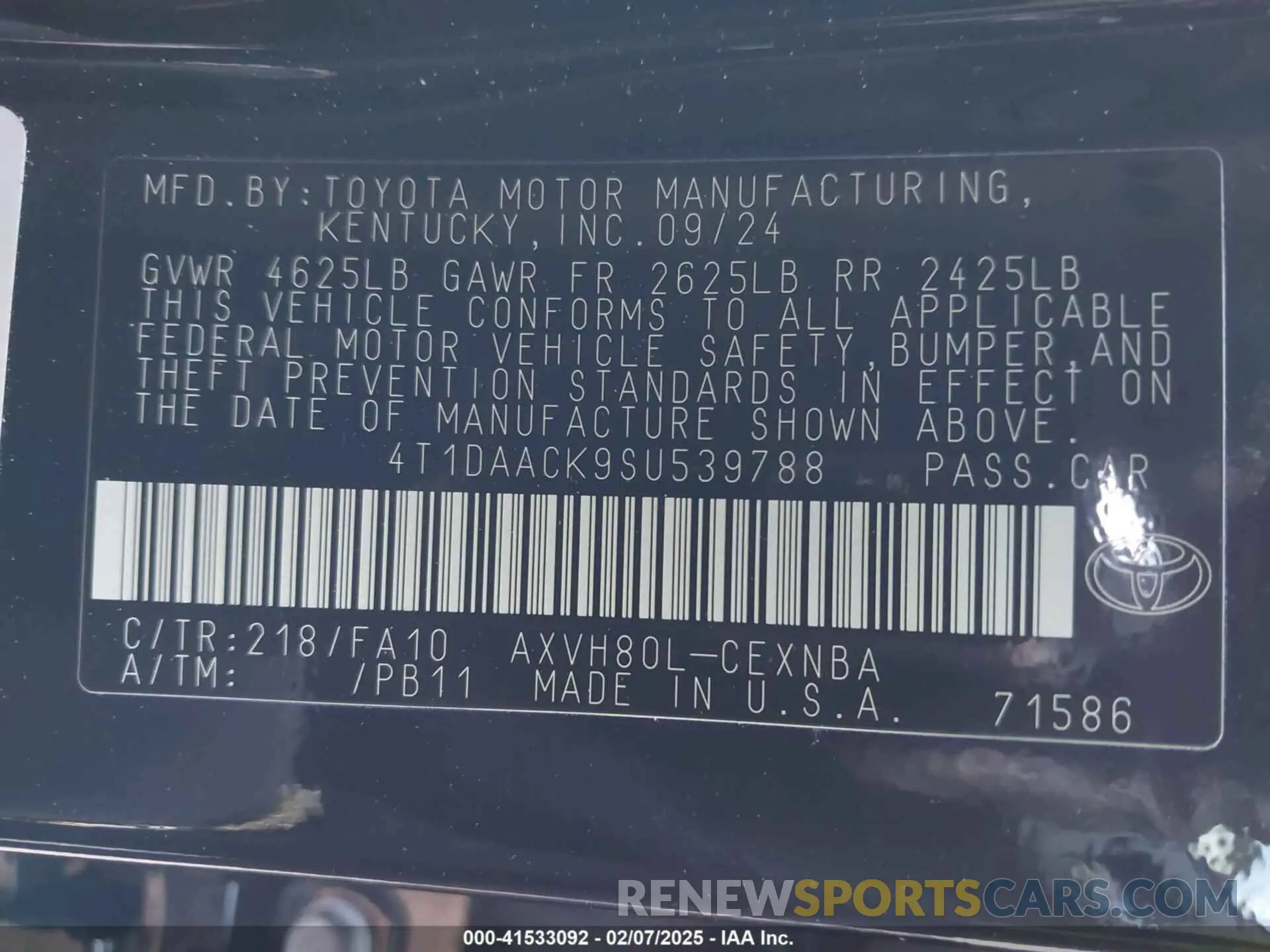 9 Фотография поврежденного автомобиля 4T1DAACK9SU539788 TOYOTA CAMRY 2025