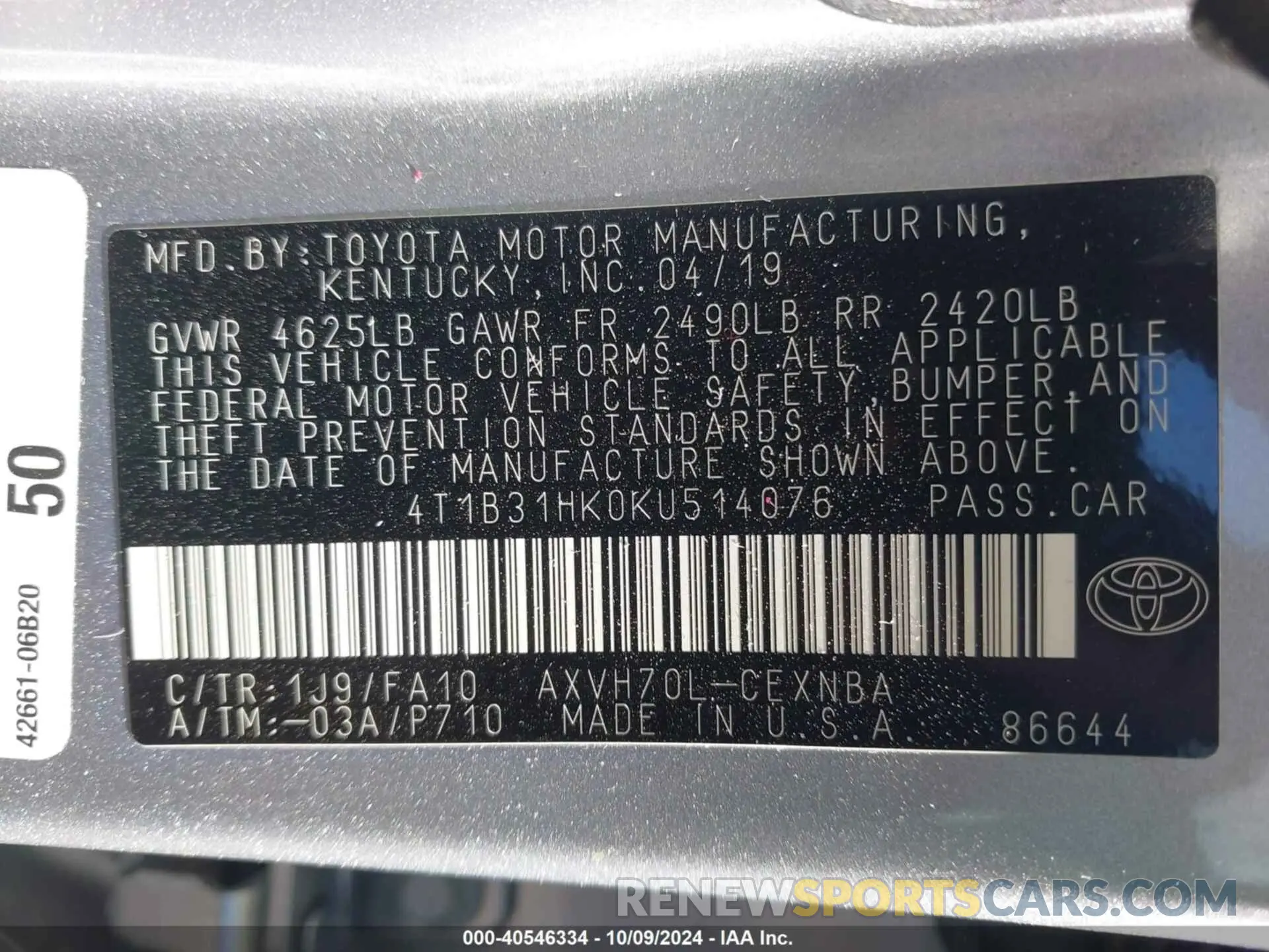 9 Photograph of a damaged car 4T1B31HK0KU514076 TOYOTA CAMRY HYBRID 2019