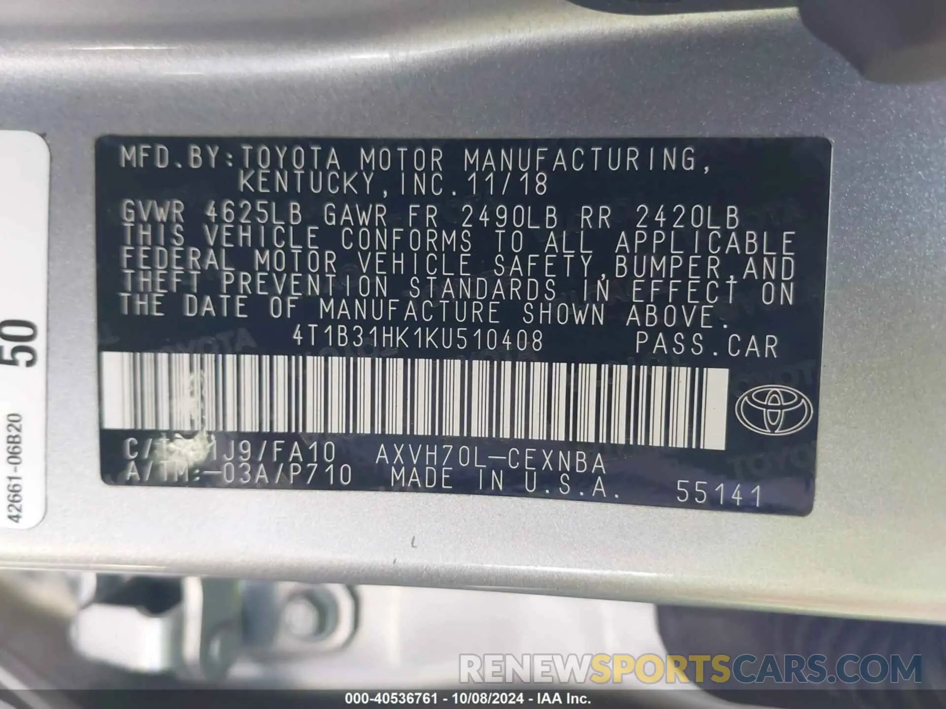 9 Photograph of a damaged car 4T1B31HK1KU510408 TOYOTA CAMRY HYBRID 2019