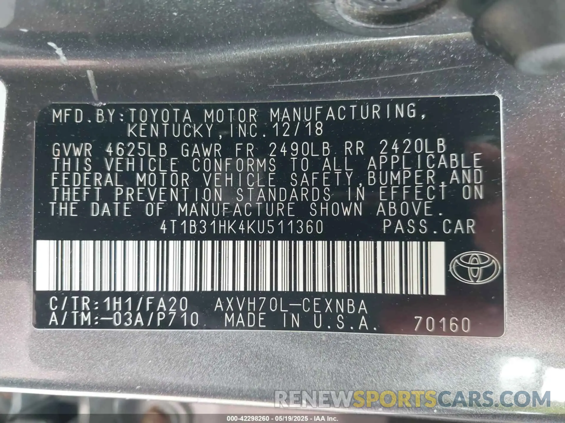 9 Photograph of a damaged car 4T1B31HK4KU511360 TOYOTA CAMRY HYBRID 2019