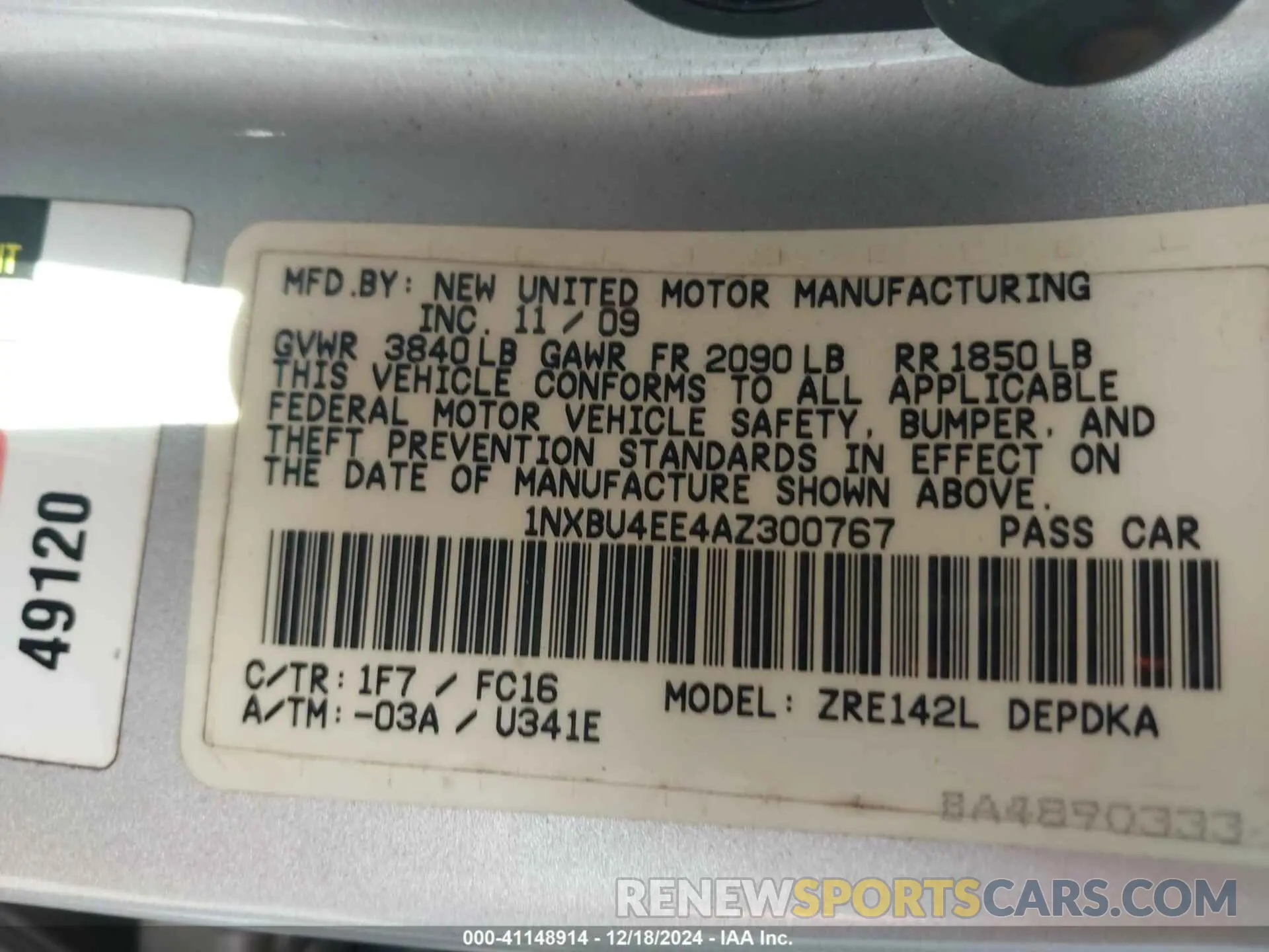 9 Фотография поврежденного автомобиля 1NXBU4EE4AZ300767 TOYOTA COROLLA 2010