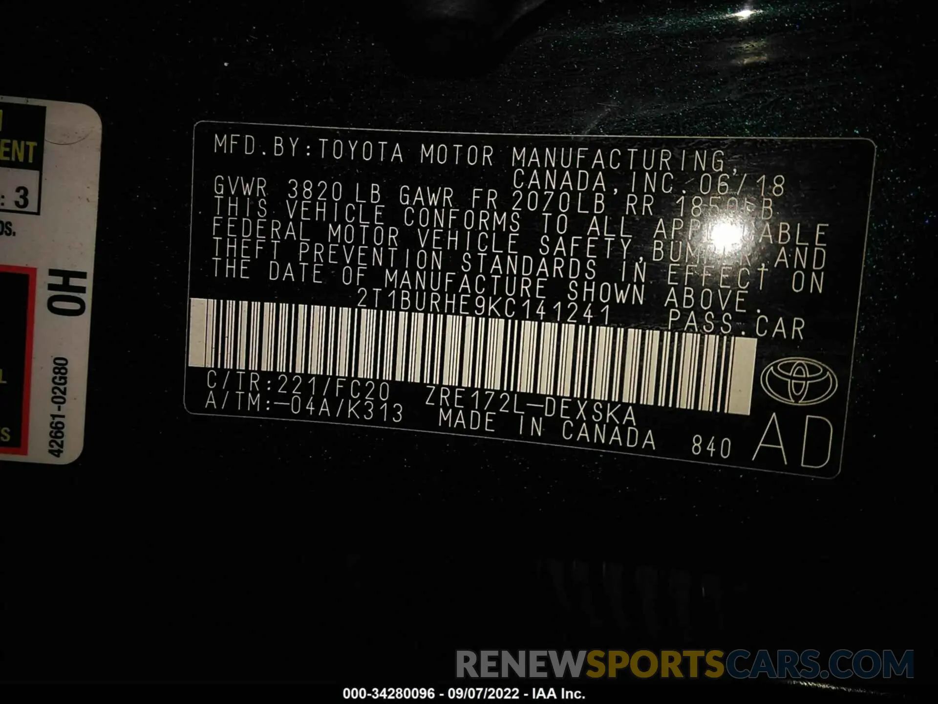 9 Photograph of a damaged car 001BURHE9KC141241 TOYOTA COROLLA 2019