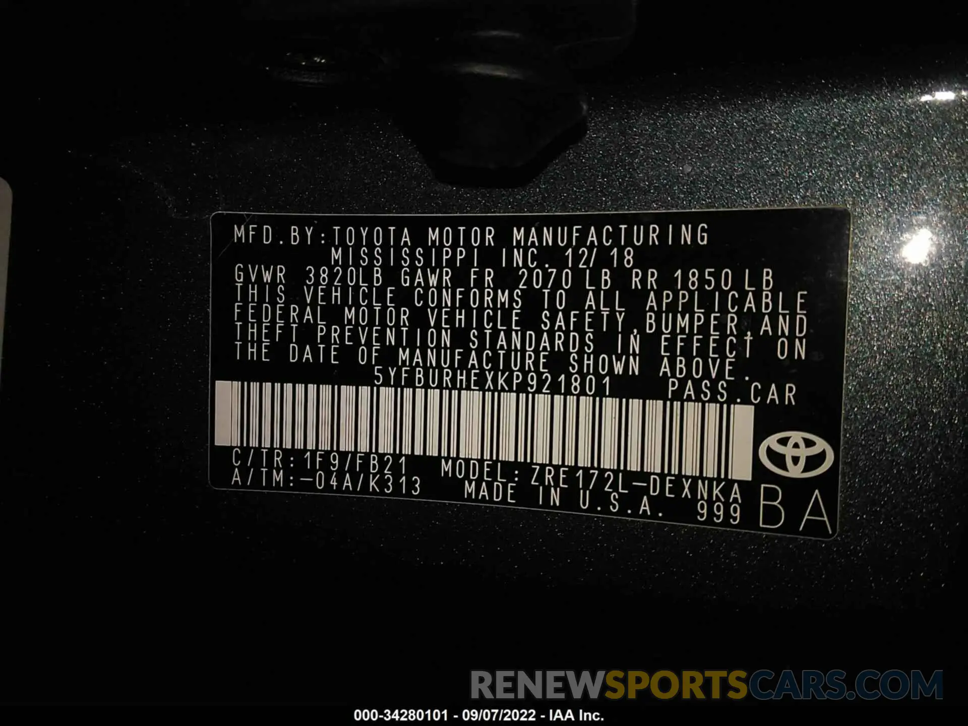 9 Photograph of a damaged car 00FBURHEXKP921801 TOYOTA COROLLA 2019